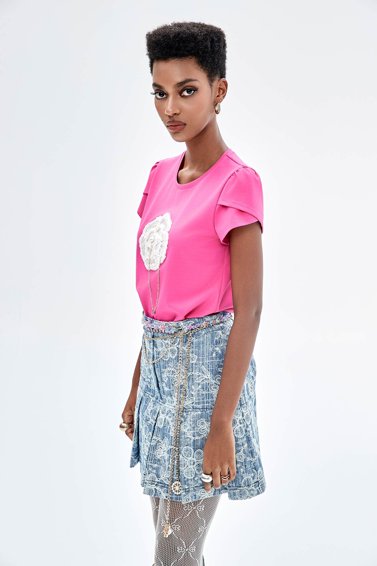 Front Floral Detail Petal Sleeve TeeFront Floral Detail Petal Sleeve Tee,T-shirts,Tops,Season (SS) Look