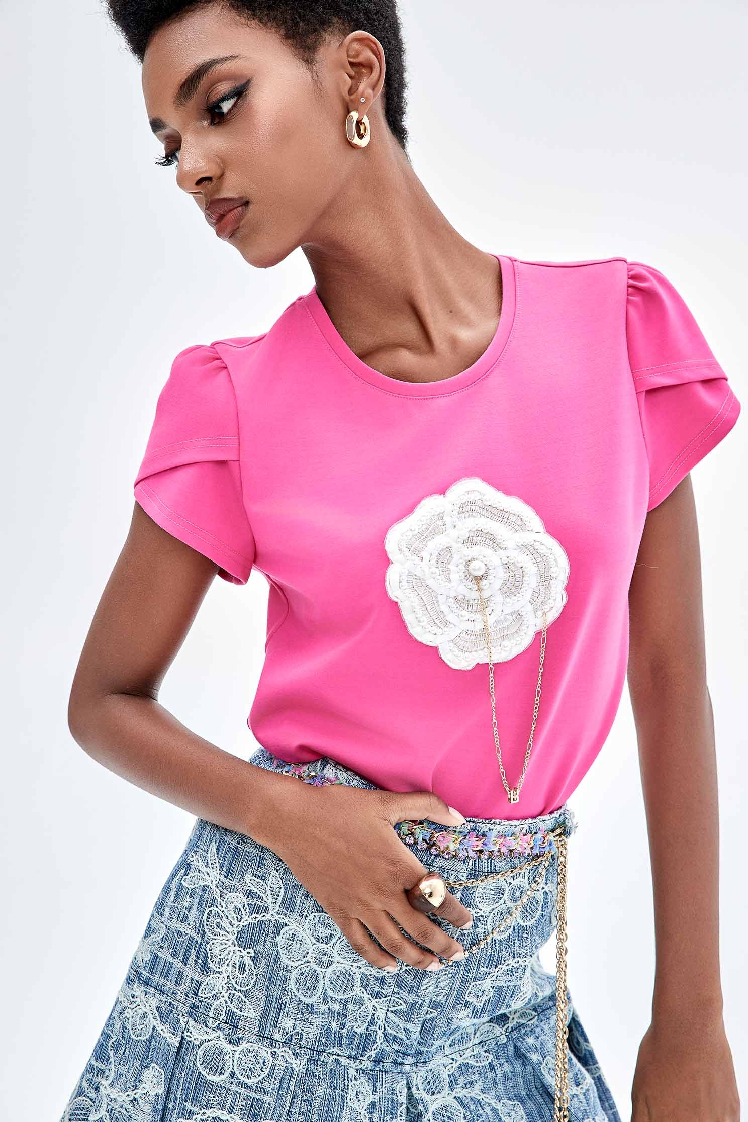 Front Floral Detail Petal Sleeve TeeFront Floral Detail Petal Sleeve Tee,T-shirts,Tops,Season (SS) Look