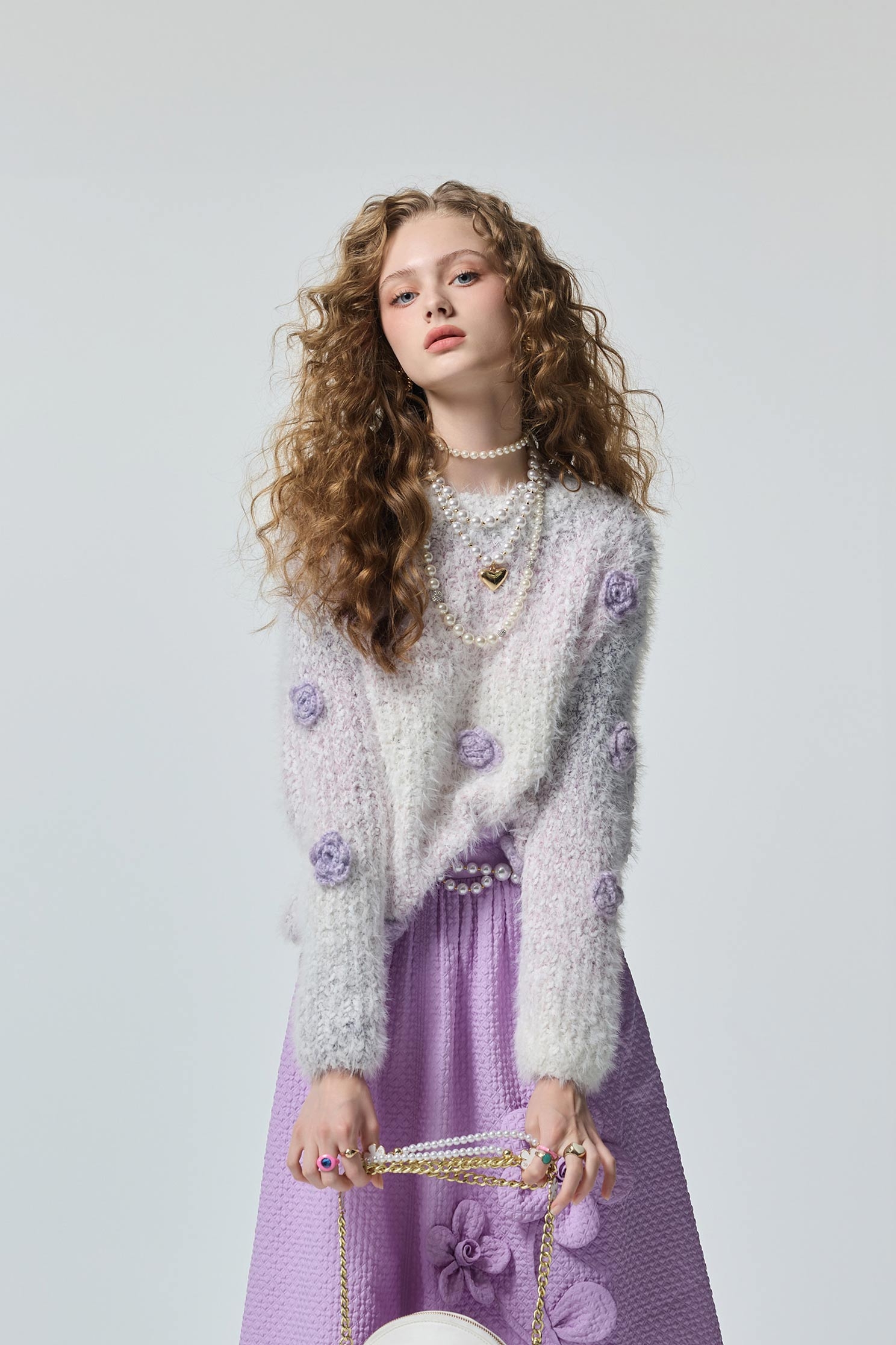 Handcrafted Floral Detail Gradient Purple Knit TopHandcrafted Floral Detail Gradient Purple Knit Top,Tops,Season (AW) Look,Valentine,blossoms,Knitted,Knitted tops,Knitted tops