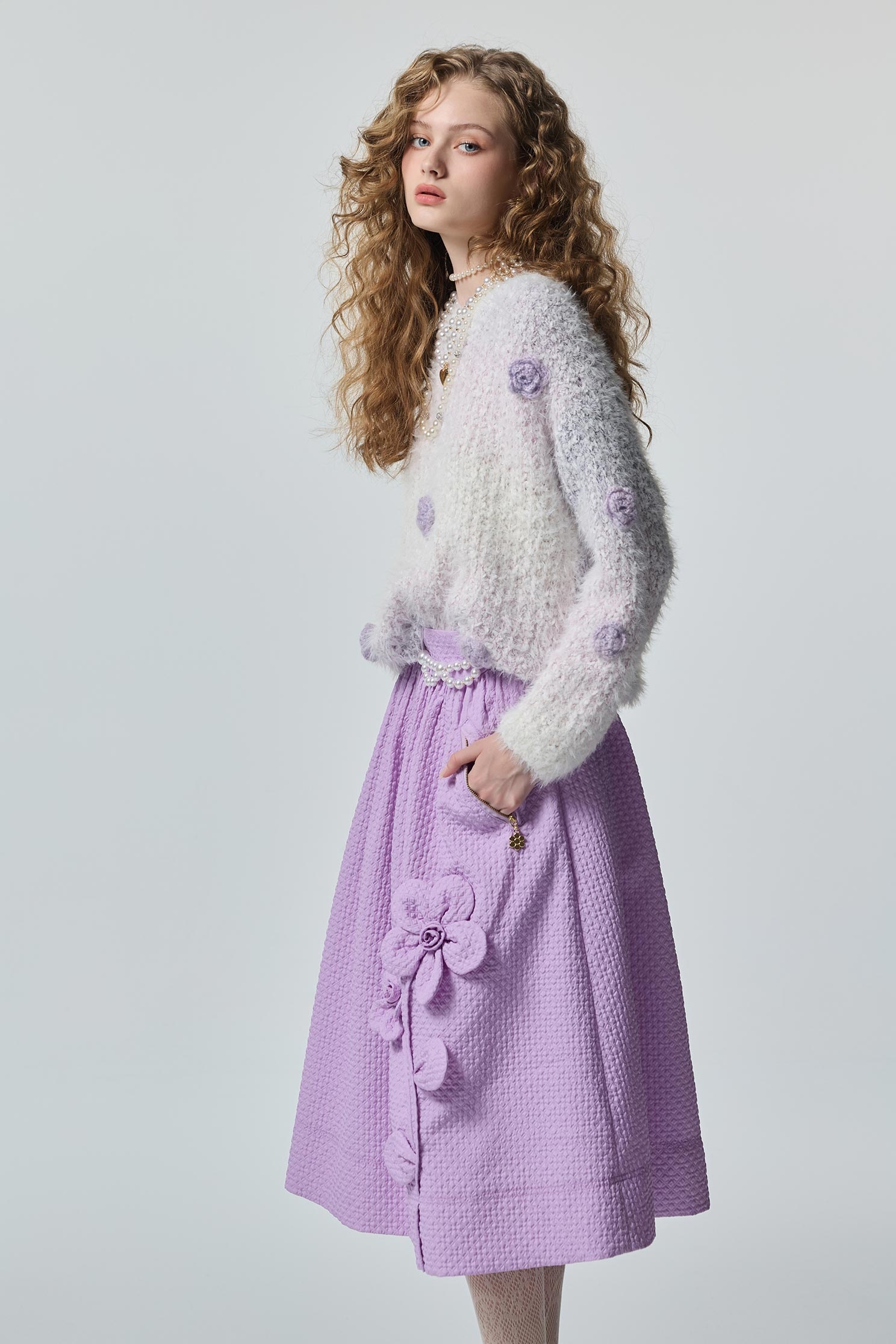 Handcrafted Floral Detail Gradient Purple Knit TopHandcrafted Floral Detail Gradient Purple Knit Top,Tops,Season (AW) Look,Valentine,blossoms,Knitted,Knitted tops,Knitted tops