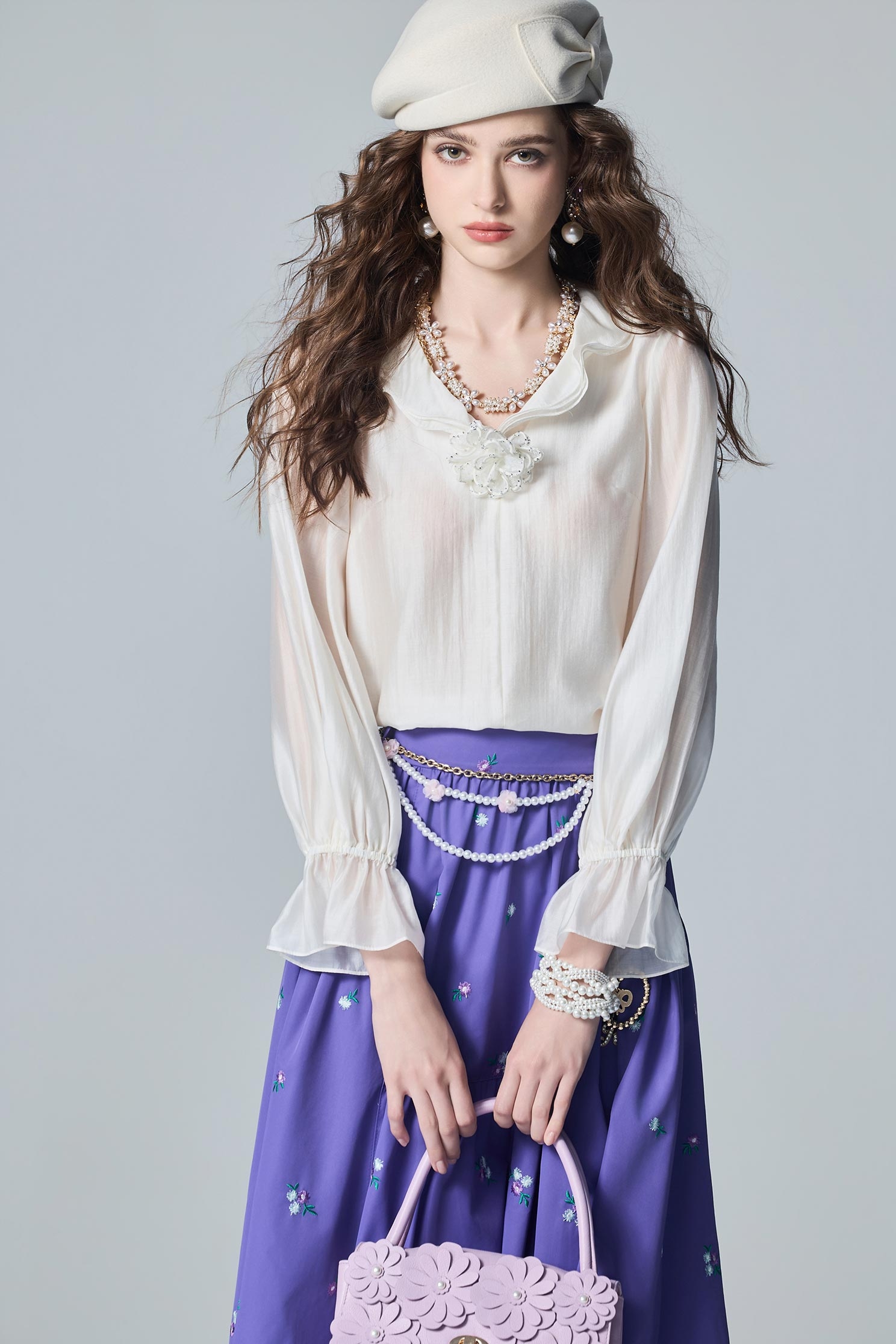 Ruffle Neckline Long Sleeve TopRuffle Neckline Long Sleeve Top,V-Neck T shirts,Tops,Season (AW) Look
