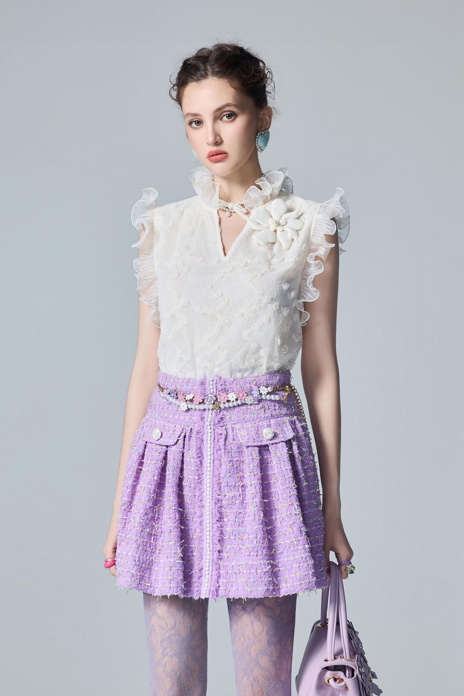 3-D Floral Ruffle Cream Vest3-D Floral Ruffle Cream Vest,sleeveless tops,Tops,Embroidered,White tops,Season (AW) Look,sleeveless tops,Lace,Lace tops,Lace tops