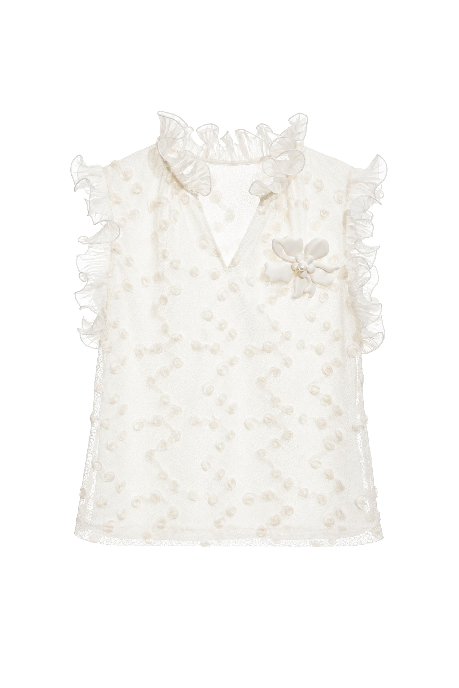 3-D Floral Ruffle Cream Vest3-D Floral Ruffle Cream Vest,sleeveless tops,Tops,Embroidered,White tops,Season (AW) Look,sleeveless tops,Lace,Lace tops,Lace tops