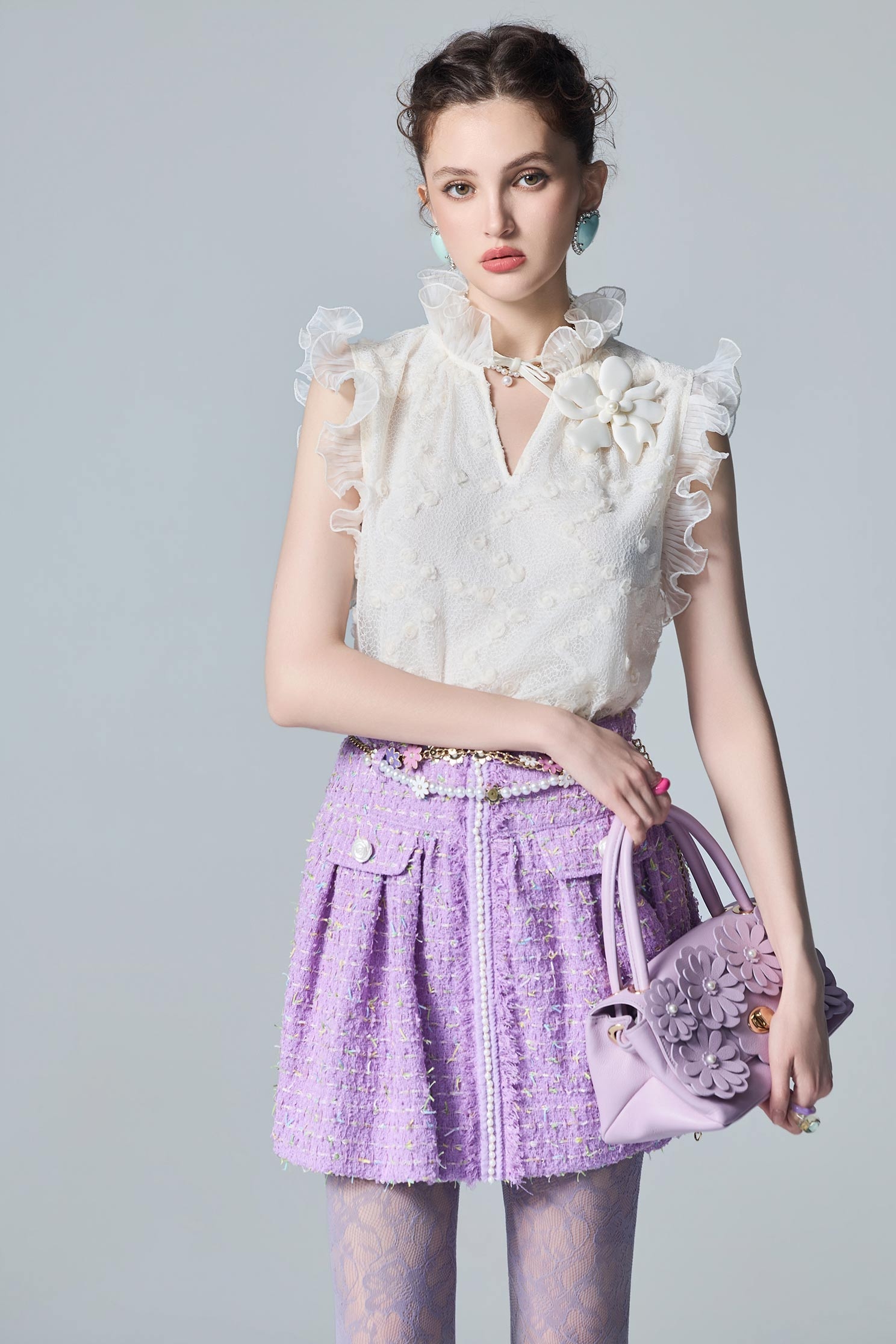 3-D Floral Ruffle Cream Vest3-D Floral Ruffle Cream Vest,sleeveless tops,Tops,Embroidered,White tops,Season (AW) Look,sleeveless tops,Lace,Lace tops,Lace tops