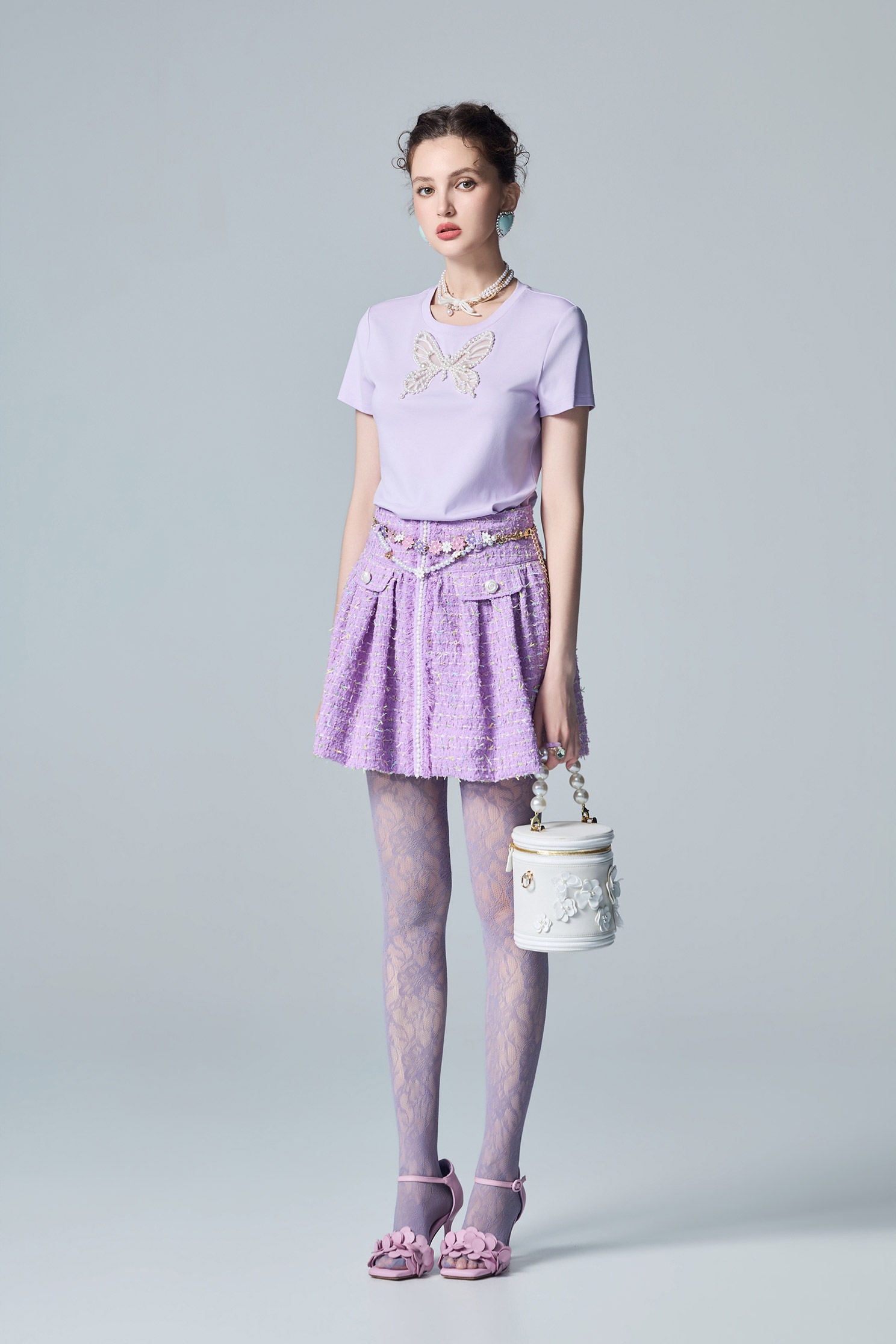 Butterfly Motif Short Sleeve TeeButterfly Motif Short Sleeve Tee,T-shirts,Tops,Embroidered,Round neck tops,pearl,Season (AW) Look