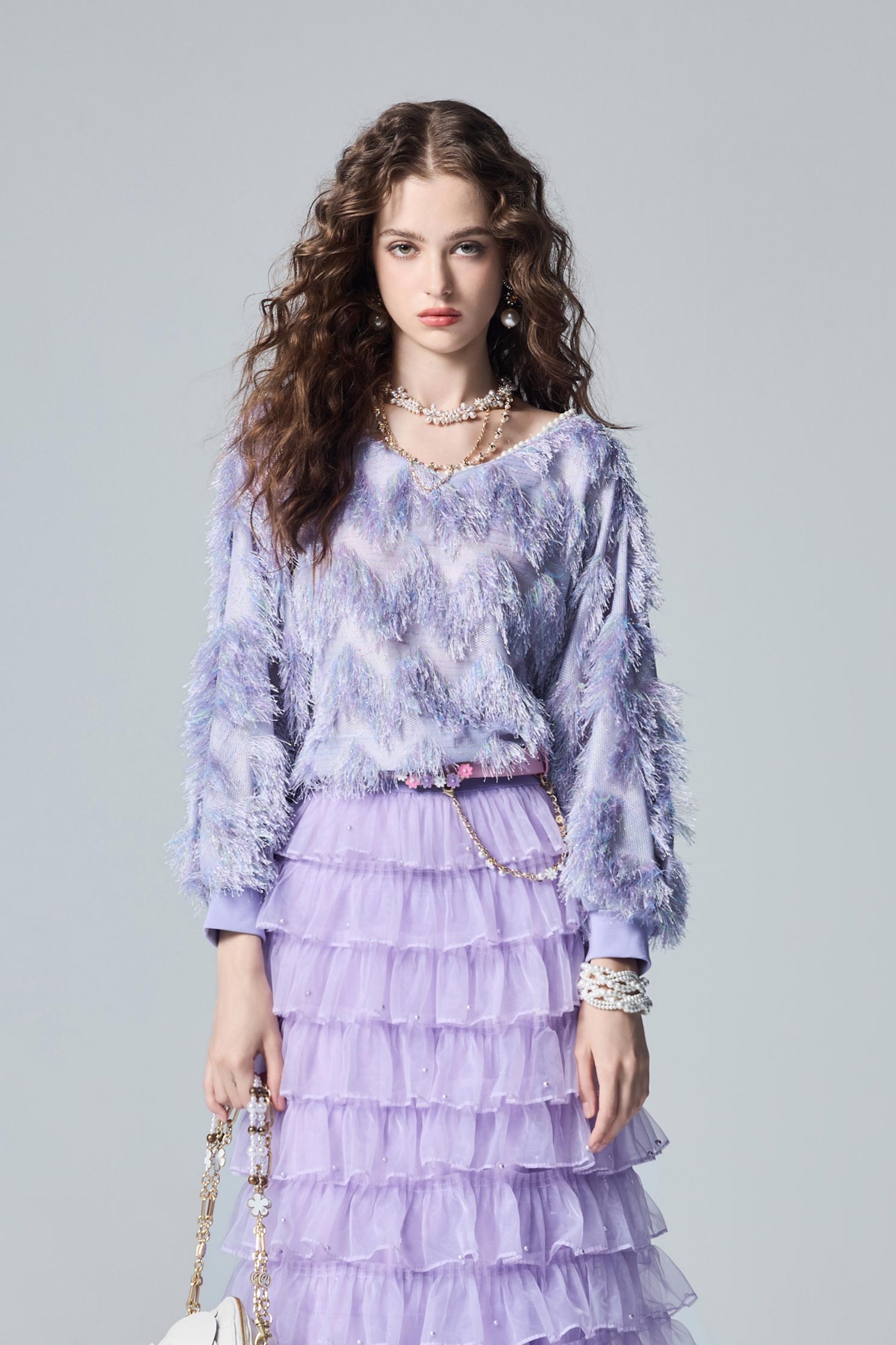 Purple Long Sleeve Fringe TopPurple Long Sleeve Fringe Top,V-Neck T shirts,Tops,pearl,Season (AW) Look,Mesh fabric,Knitted tops