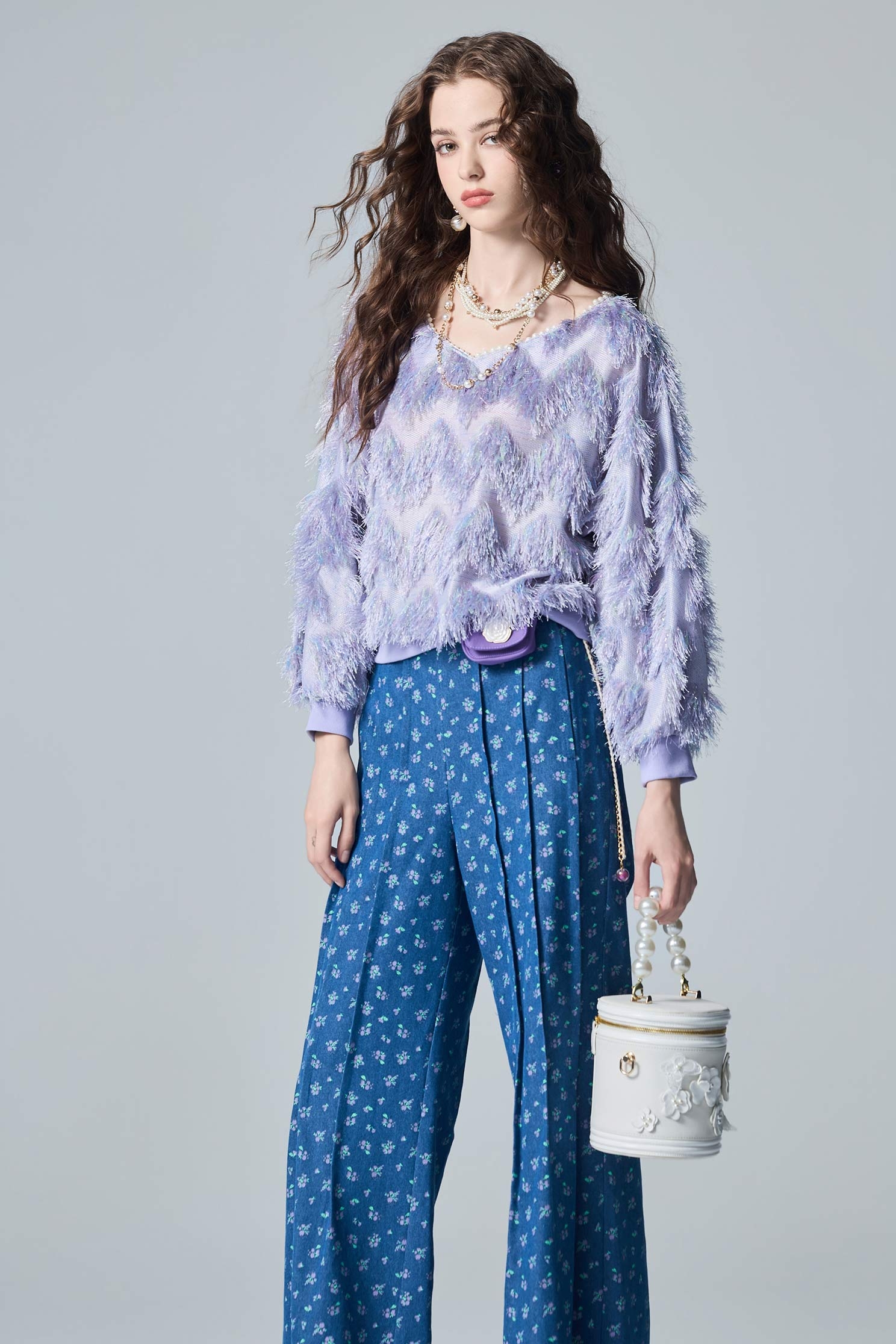 Purple Long Sleeve Fringe TopPurple Long Sleeve Fringe Top,V-Neck T shirts,Tops,pearl,Season (AW) Look,Mesh fabric,Knitted tops