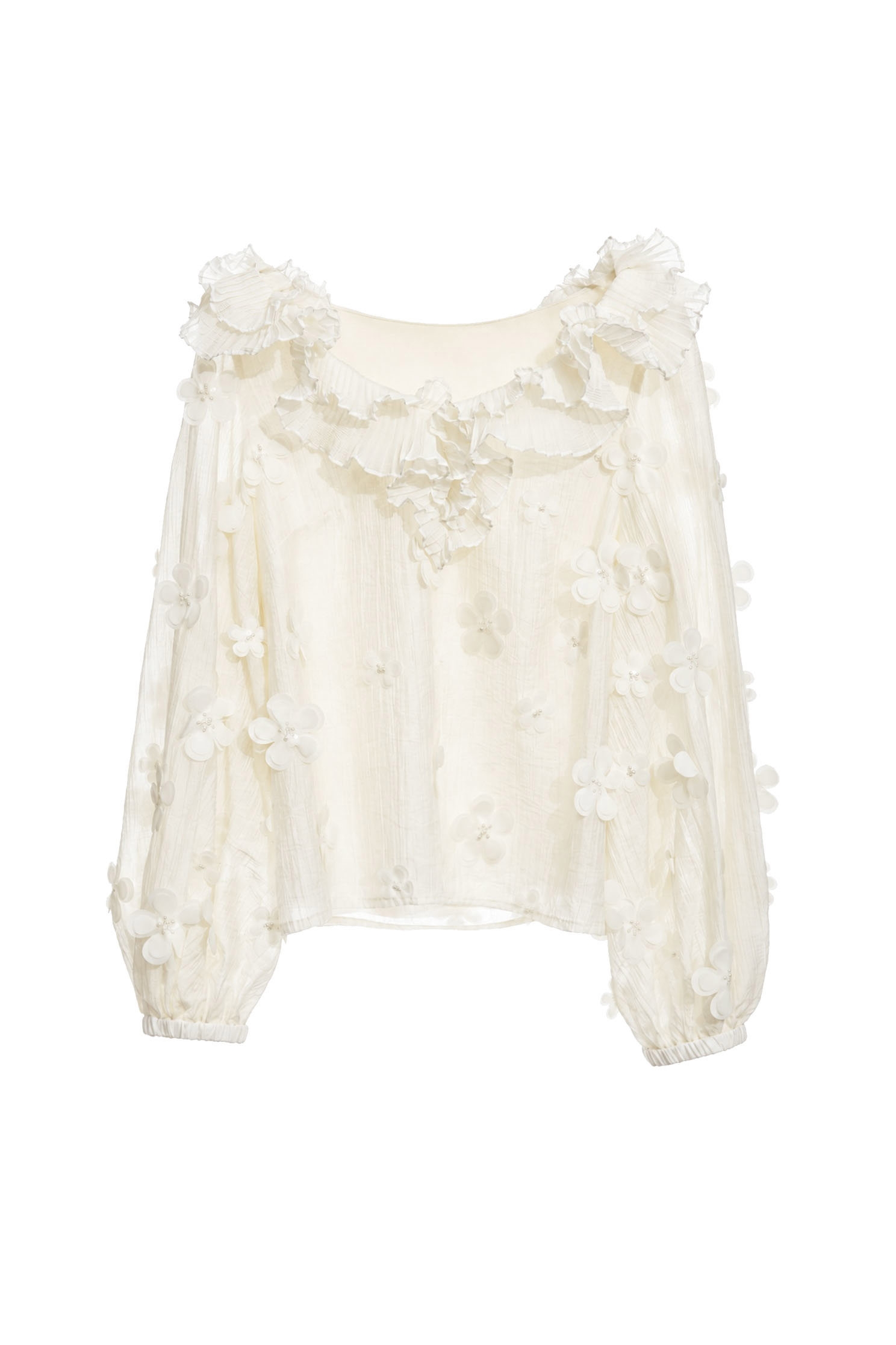 Pleated Ruffle Detail Floral Long Sleeve TopPleated Ruffle Detail Floral Long Sleeve Top,T-shirts,Tops,Embroidered,White tops,Season (AW) Look