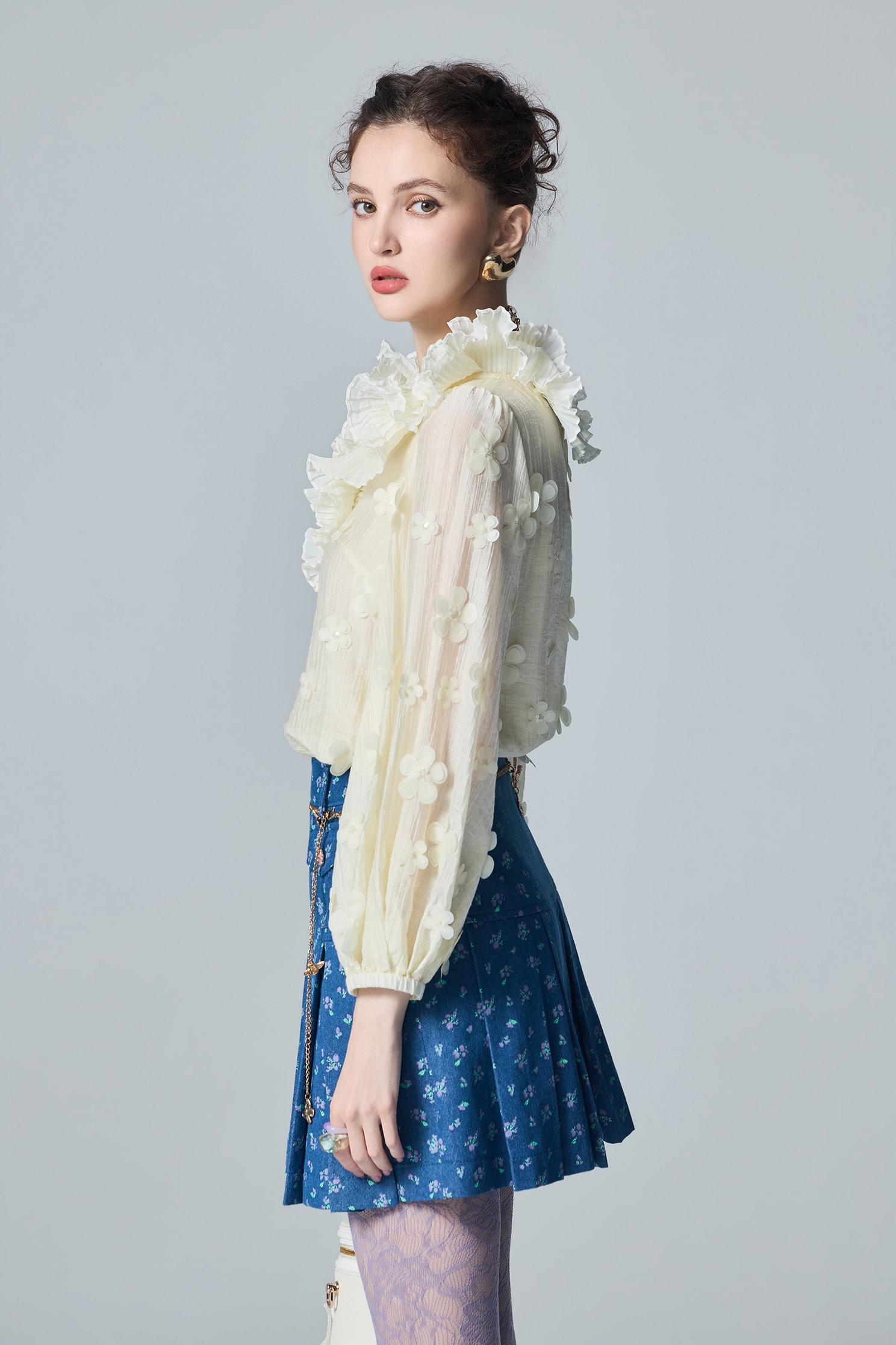 Pleated Ruffle Detail Floral Long Sleeve TopPleated Ruffle Detail Floral Long Sleeve Top,T-shirts,Tops,Embroidered,White tops,Season (AW) Look