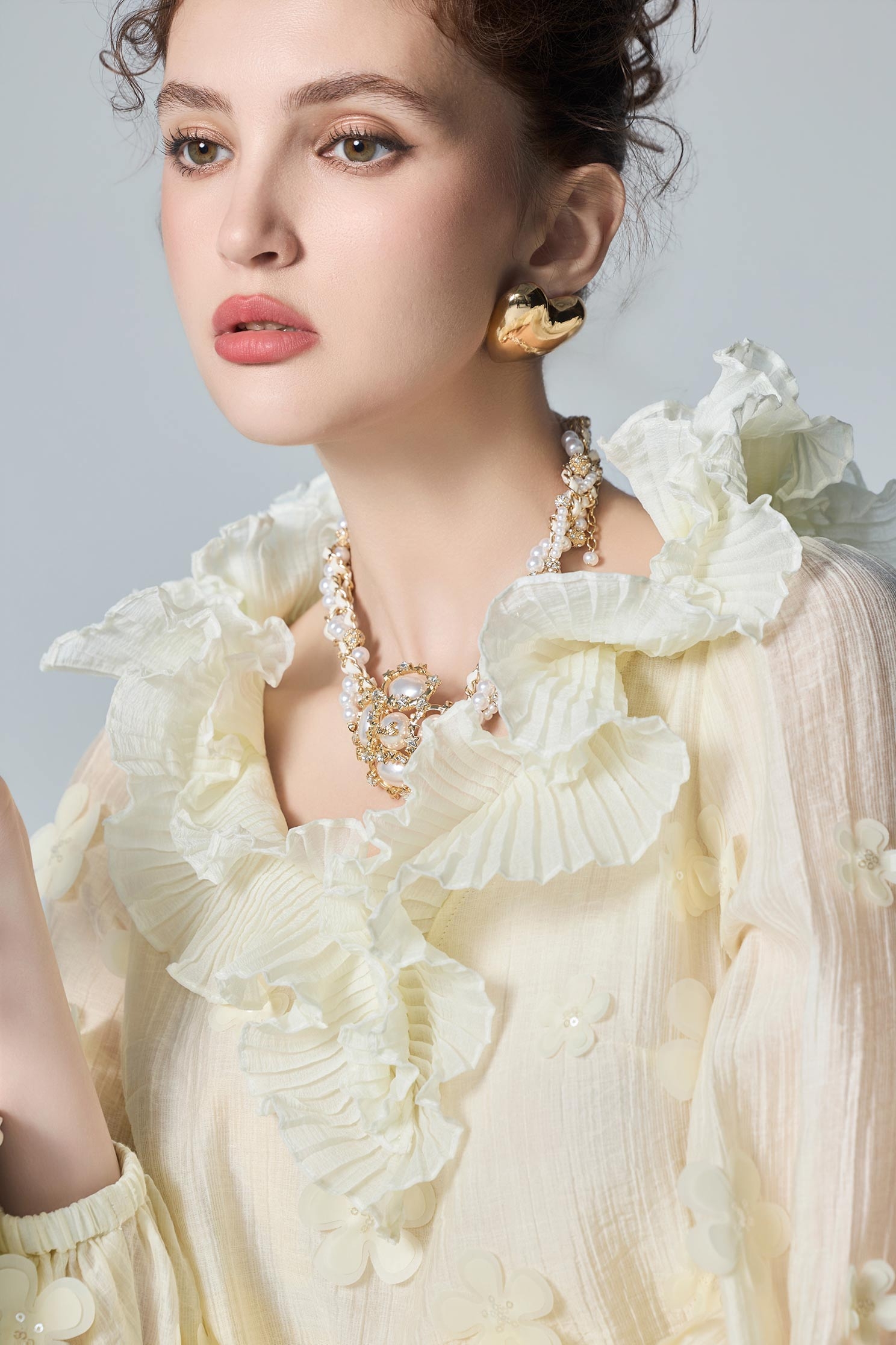 Pleated Ruffle Detail Floral Long Sleeve TopPleated Ruffle Detail Floral Long Sleeve Top,T-shirts,Tops,Embroidered,White tops,Season (AW) Look