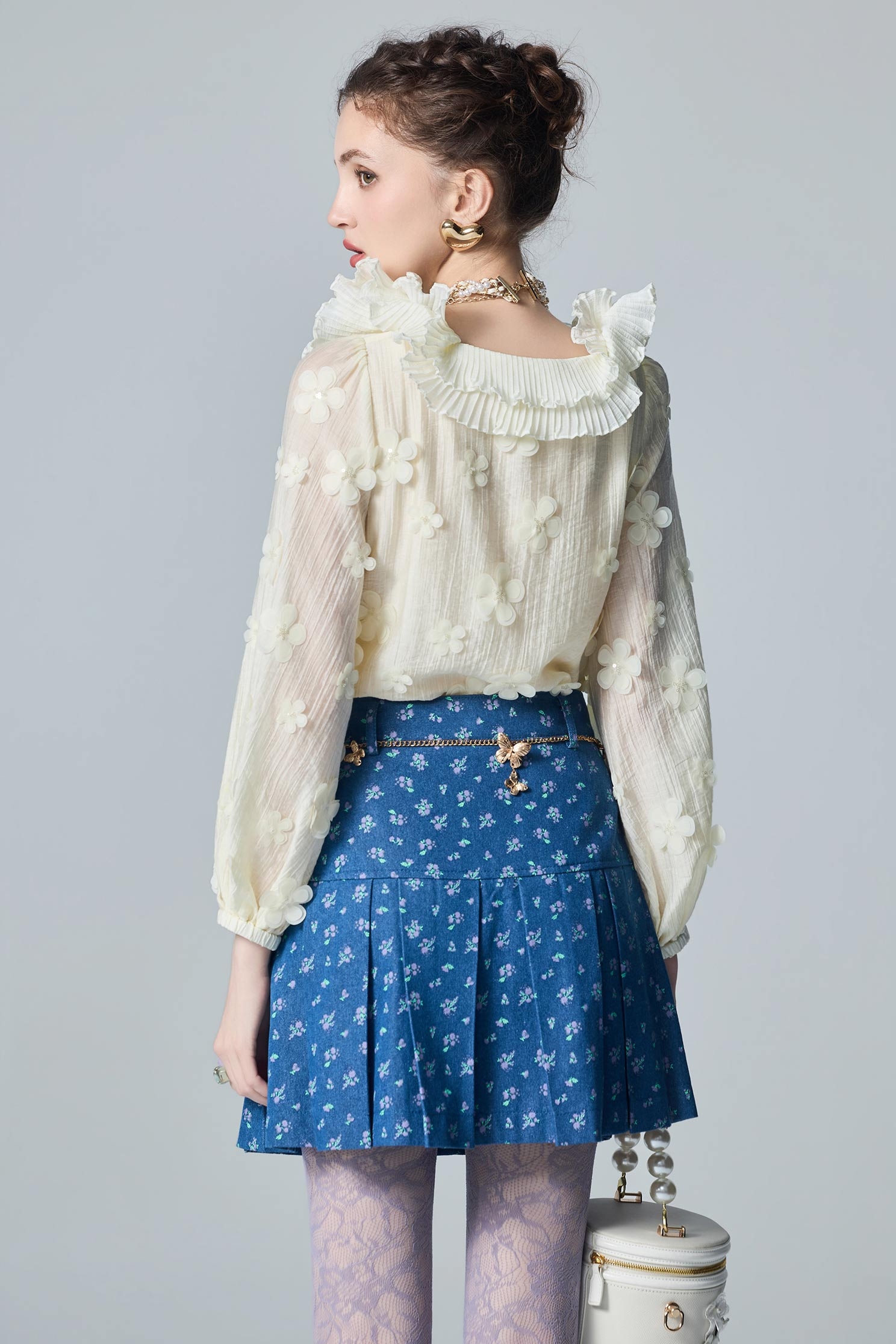 Pleated Ruffle Detail Floral Long Sleeve TopPleated Ruffle Detail Floral Long Sleeve Top,T-shirts,Tops,Embroidered,White tops,Season (AW) Look