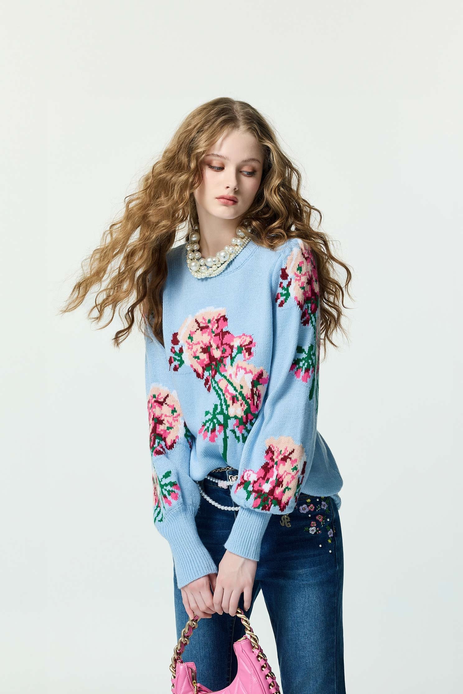 Floral Graphic Blue Knit TopFloral Graphic Blue Knit Top,Tops,Season (AW) Look,Knitted,Knitted tops