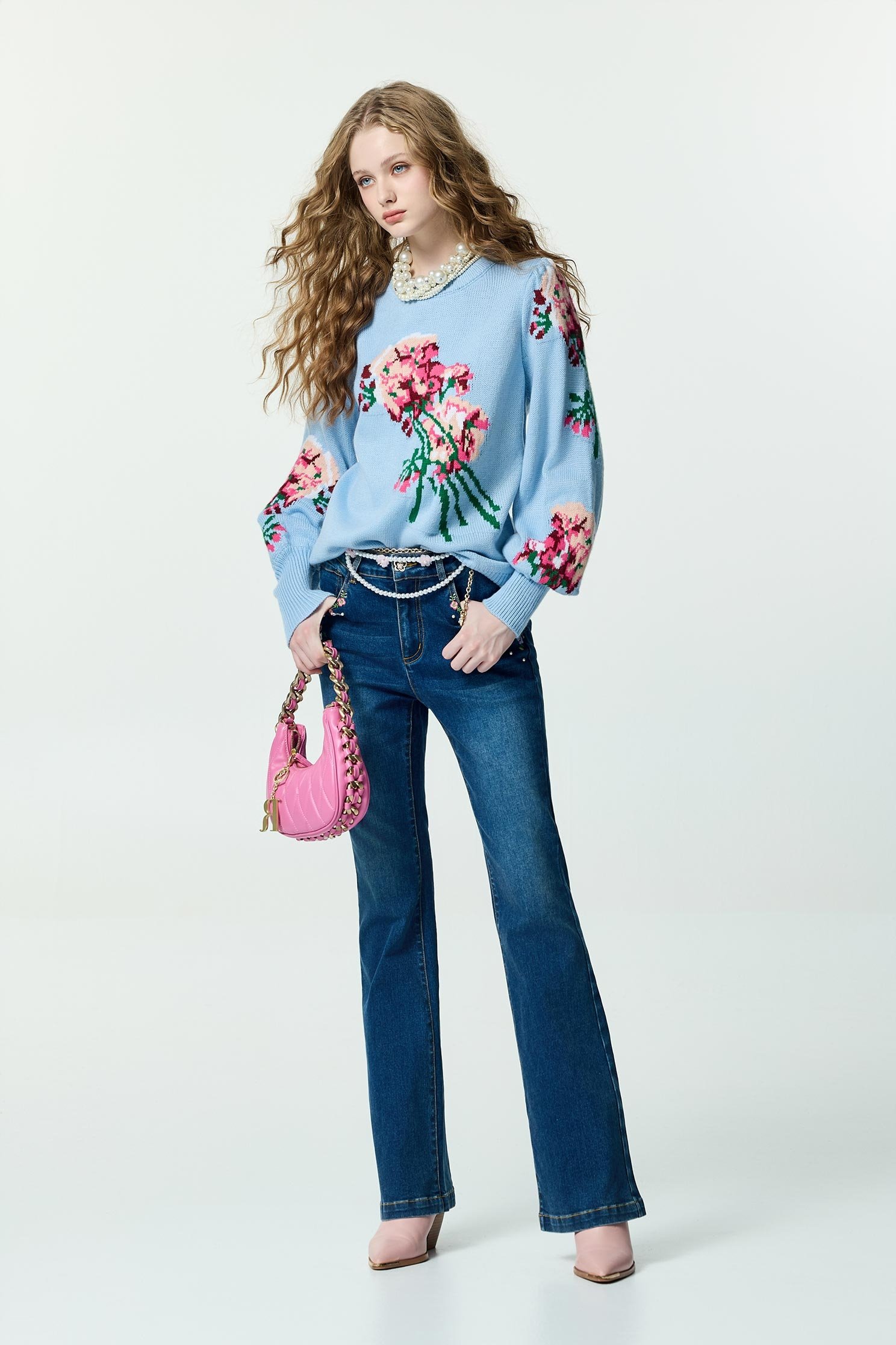 Floral Graphic Blue Knit TopFloral Graphic Blue Knit Top,Tops,Season (AW) Look,Knitted,Knitted tops