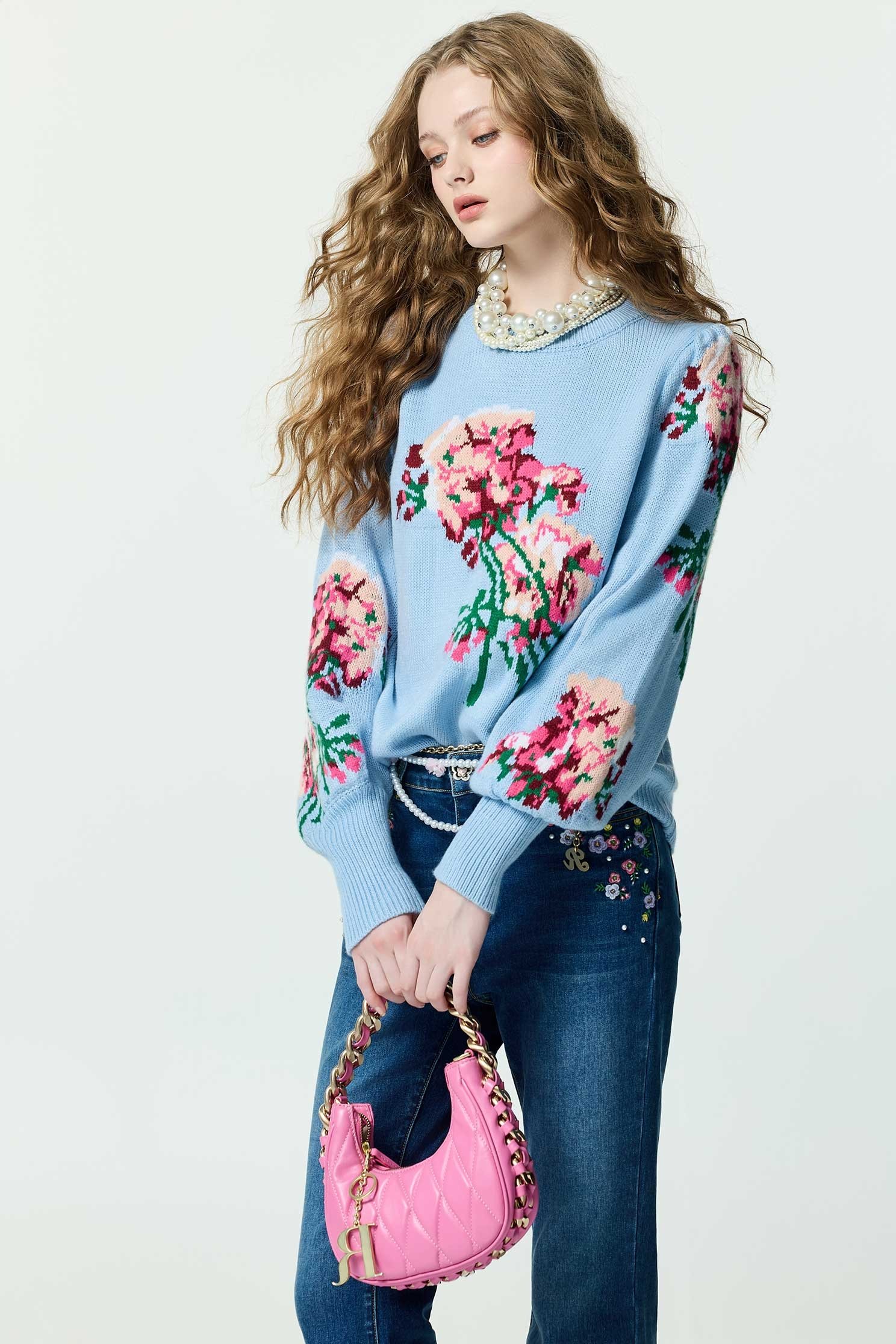 Floral Graphic Blue Knit TopFloral Graphic Blue Knit Top,Tops,Season (AW) Look,Knitted,Knitted tops