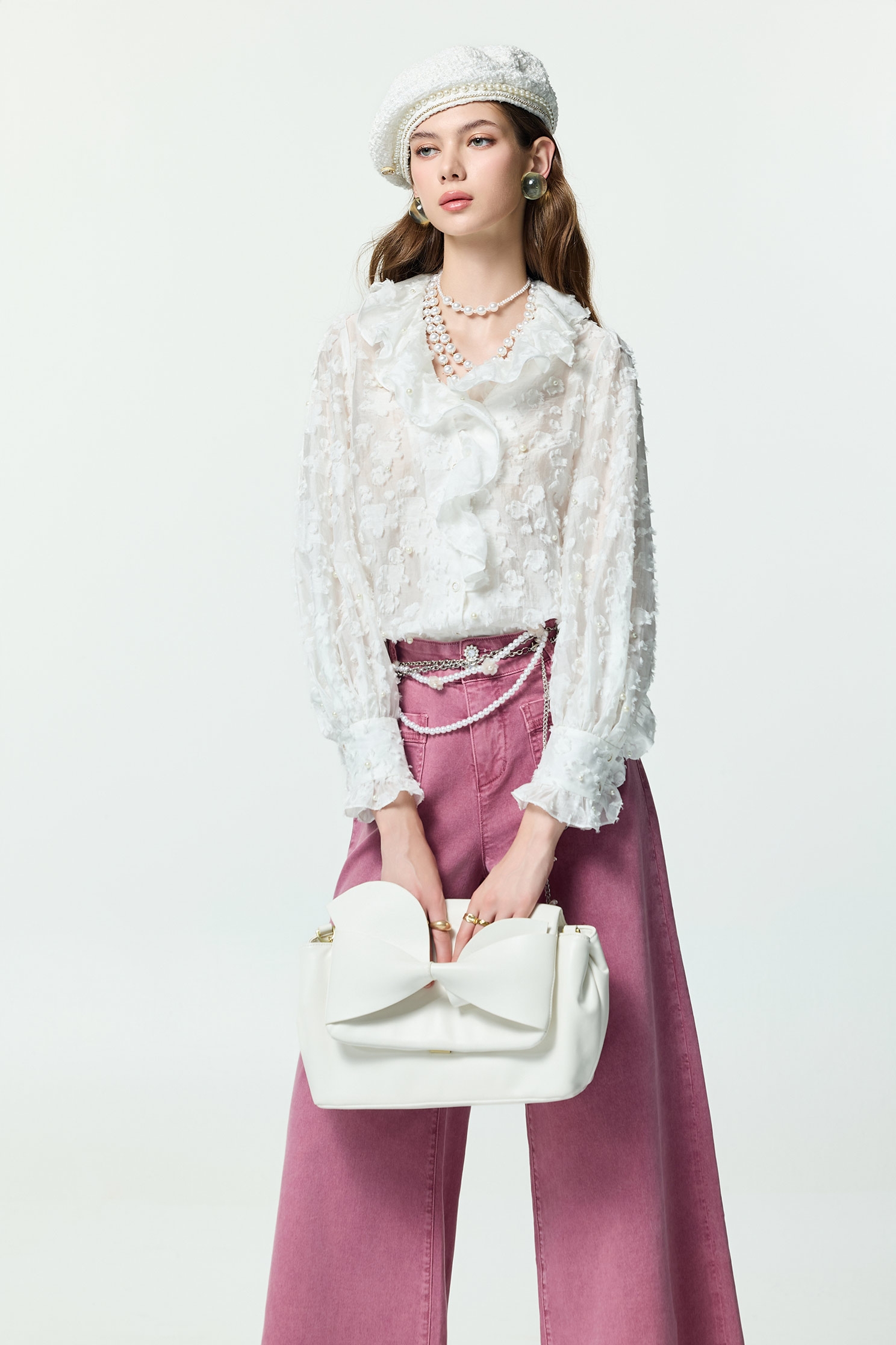 3-D Floral Ruffle Detail Long Sleeve Top3-D Floral Ruffle Detail Long Sleeve Top,Tops,pearl,White tops,Season (AW) Look