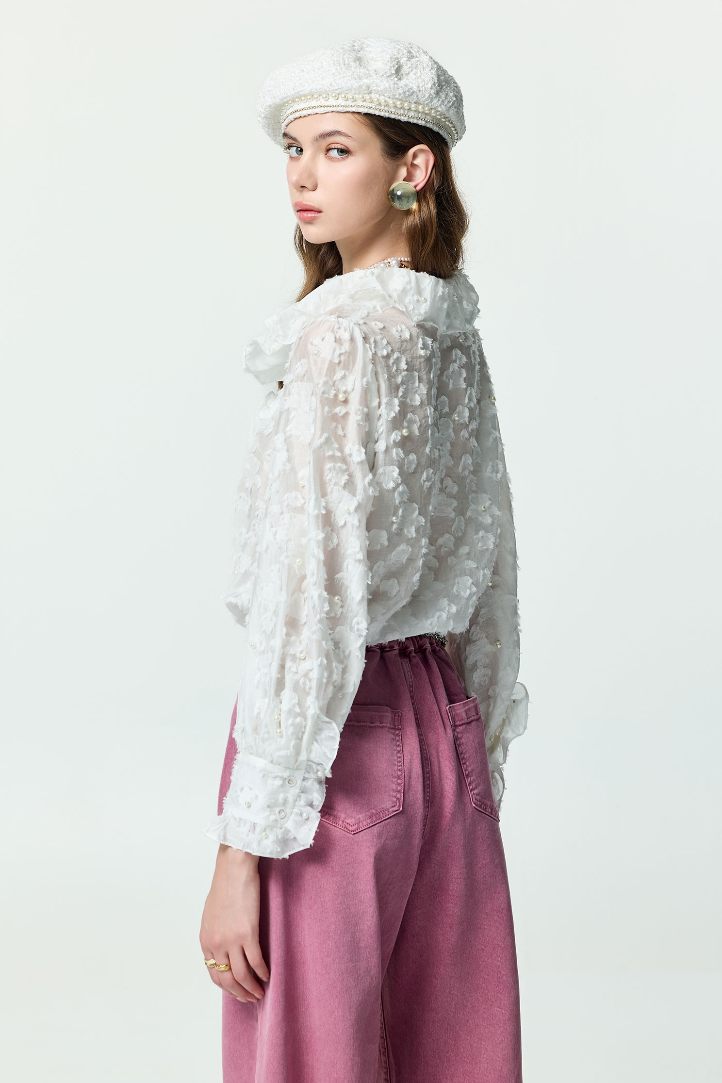 3-D Floral Ruffle Detail Long Sleeve Top3-D Floral Ruffle Detail Long Sleeve Top,Tops,pearl,White tops,Season (AW) Look