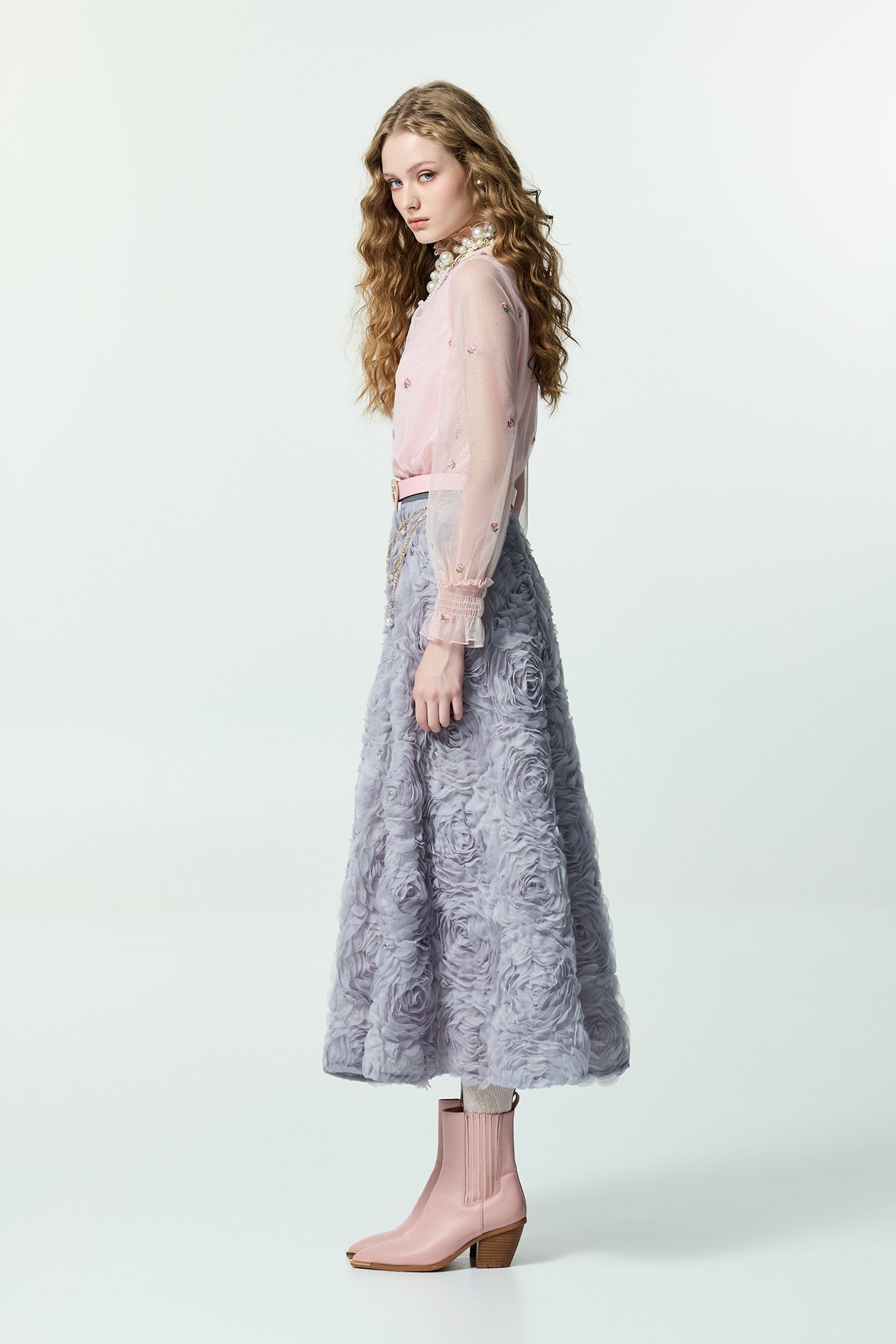 Floral Embroidery Pink Mesh TopFloral Embroidery Pink Mesh Top,Tops,Embroidered,Season (AW) Look