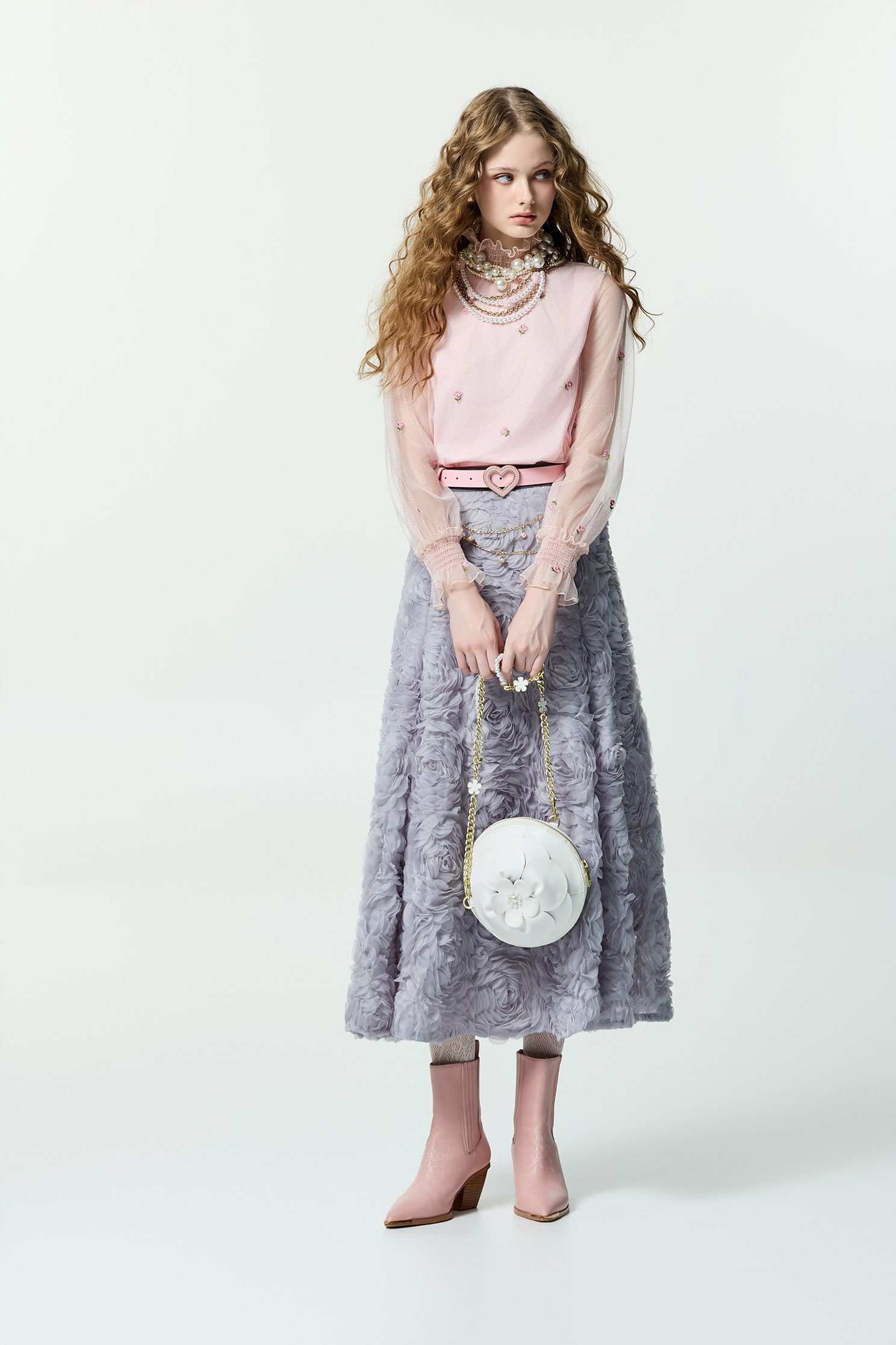 Floral Embroidery Pink Mesh TopFloral Embroidery Pink Mesh Top,Tops,Embroidered,Season (AW) Look