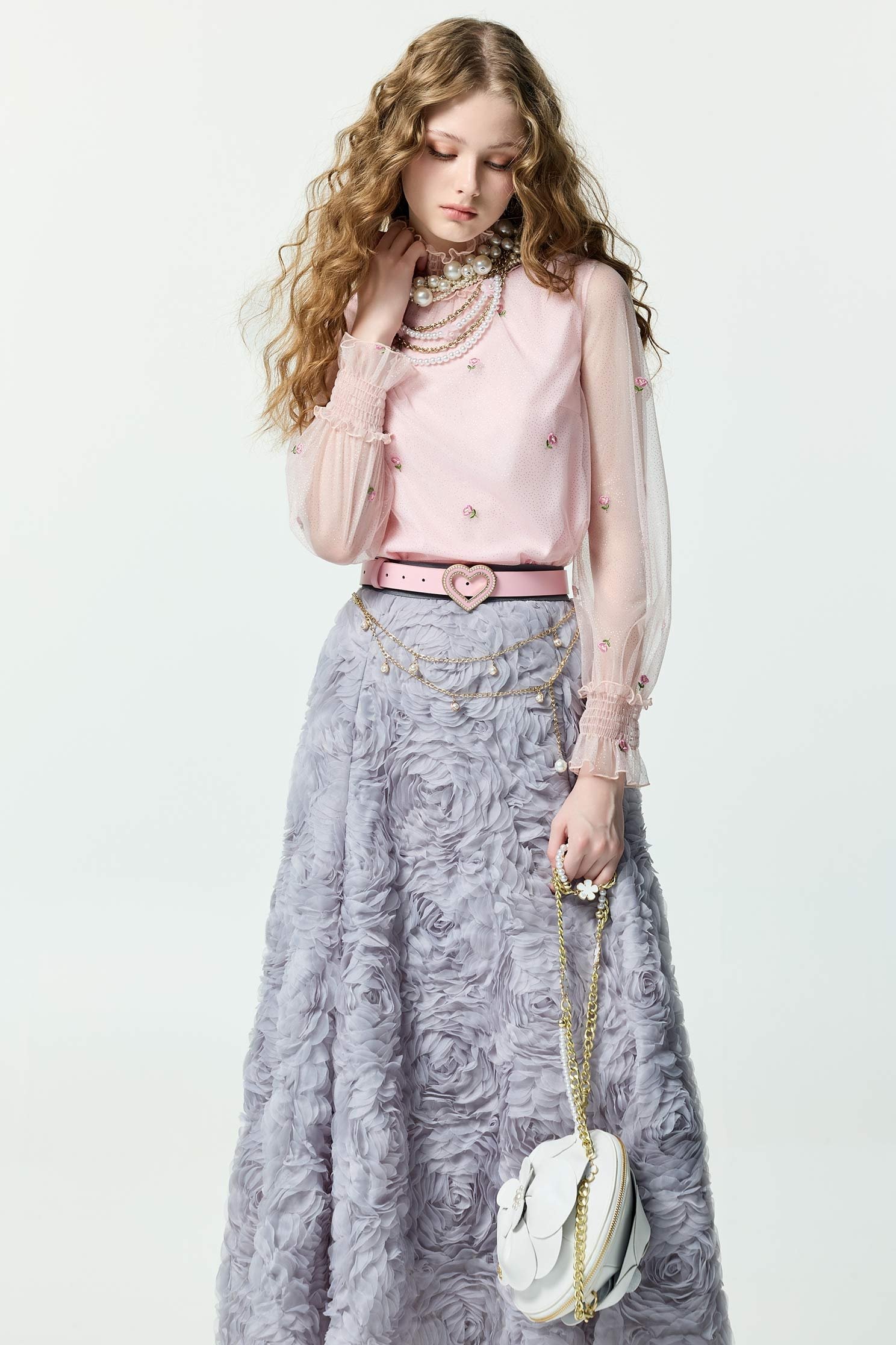 Floral Embroidery Pink Mesh TopFloral Embroidery Pink Mesh Top,Tops,Embroidered,Season (AW) Look