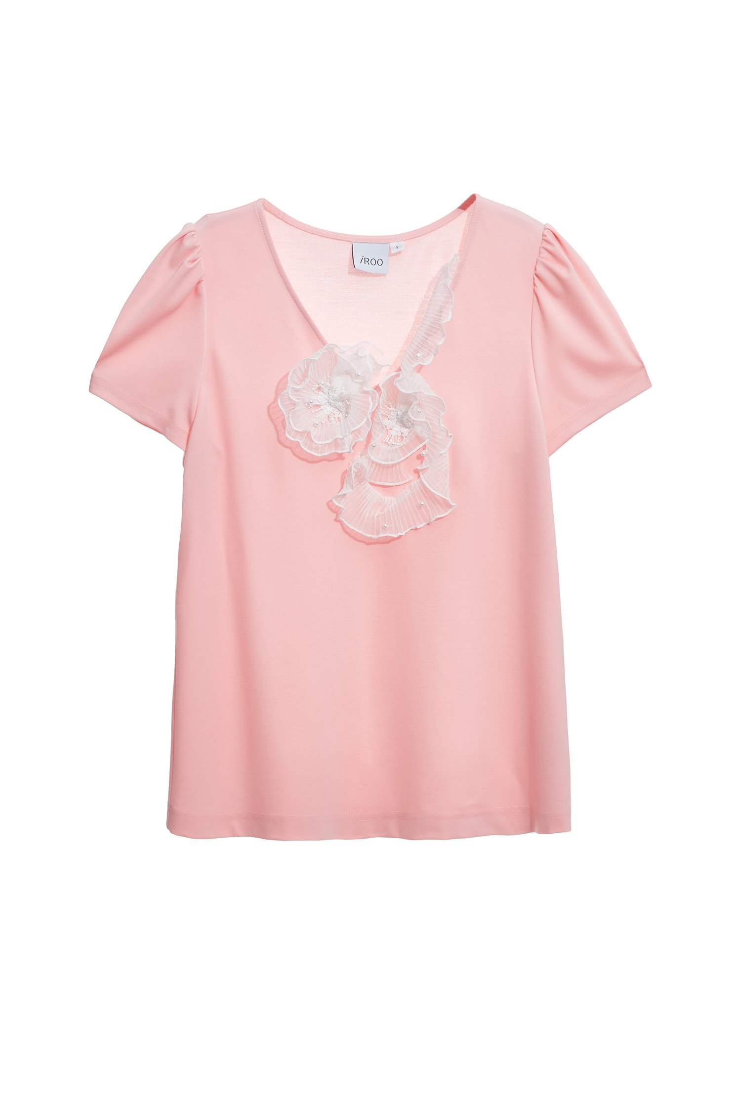 Pleated Floral Detail V-neck TeePleated Floral Detail V-neck Tee,V-Neck T shirts,Tops,pearl,Season (AW) Look,Lace