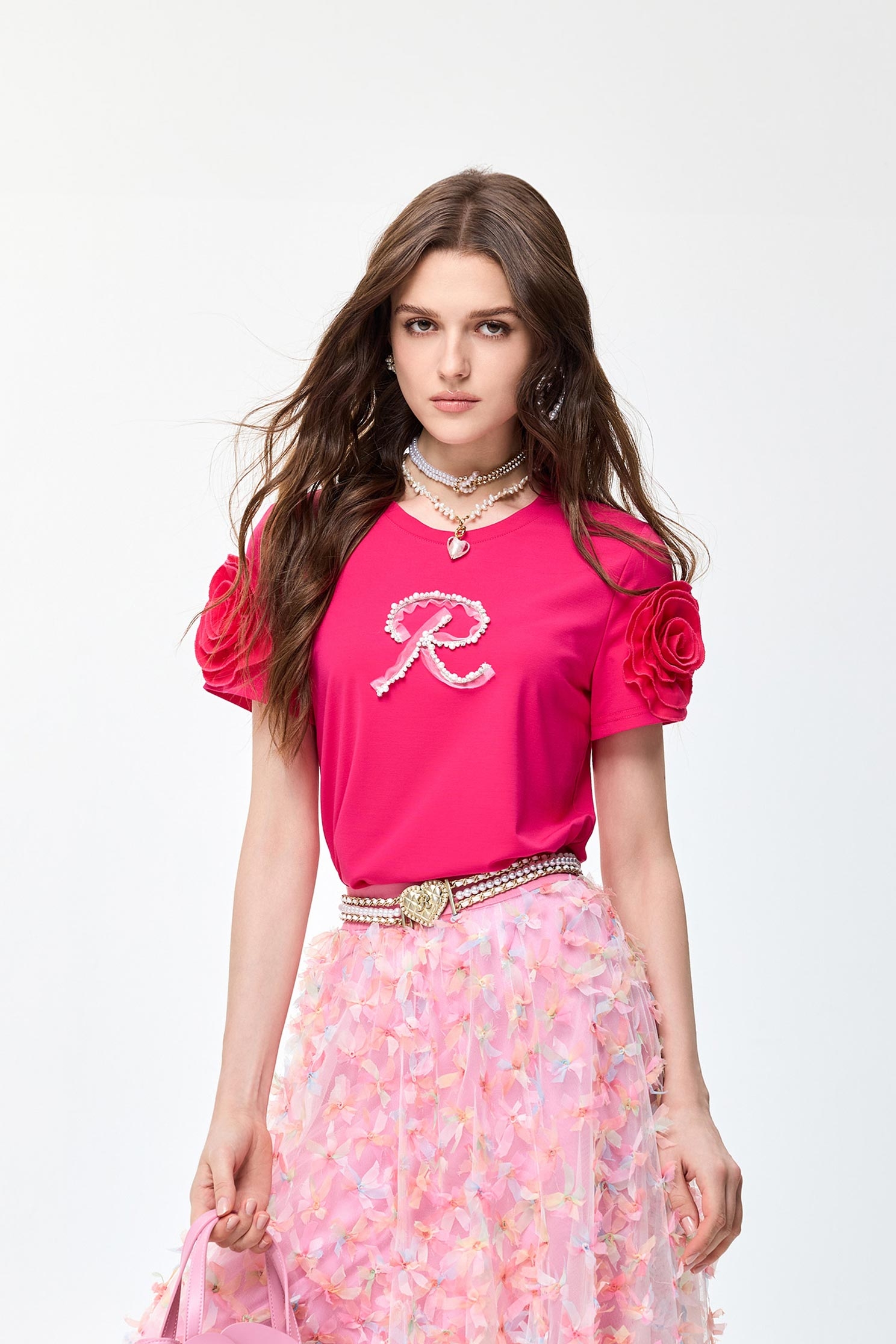 Floral Sleeve Detail TeeFloral Sleeve Detail Tee,T-shirts,Tops,Season (SS) Look,pearl,Mesh fabric