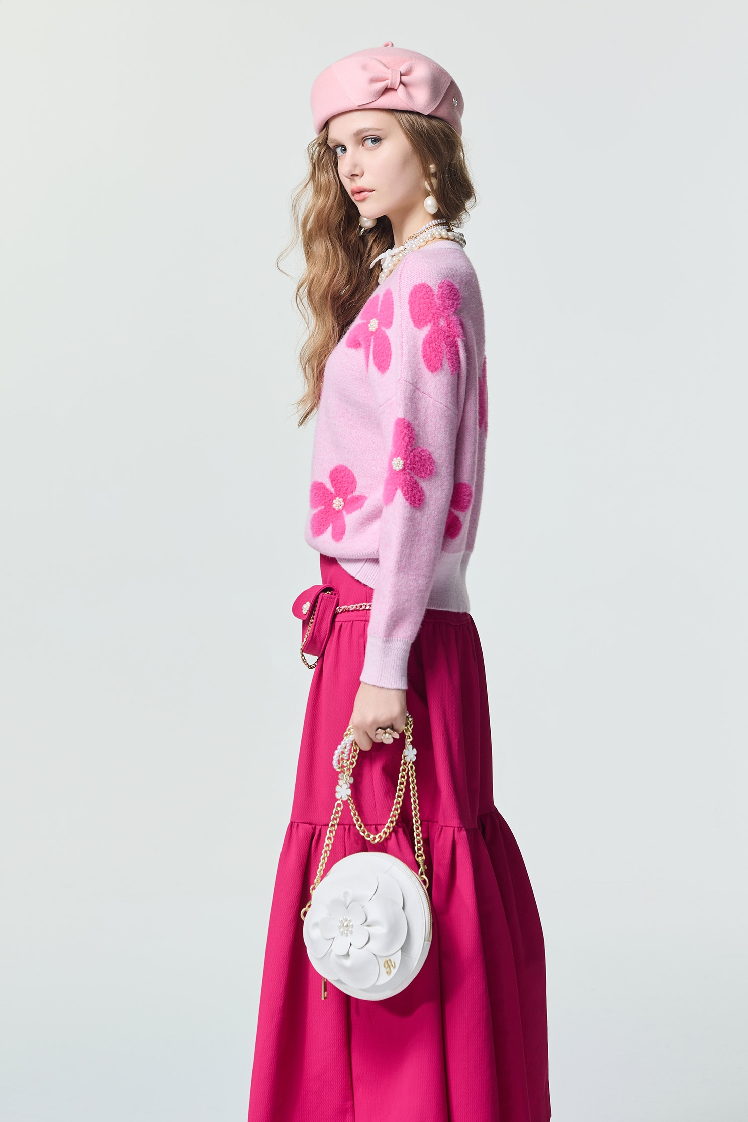 Pink Floral Long Sleeve Knit TopPink Floral Long Sleeve Knit Top,Tops,Season (SS) Look,pearl,Knitted,Knitted tops