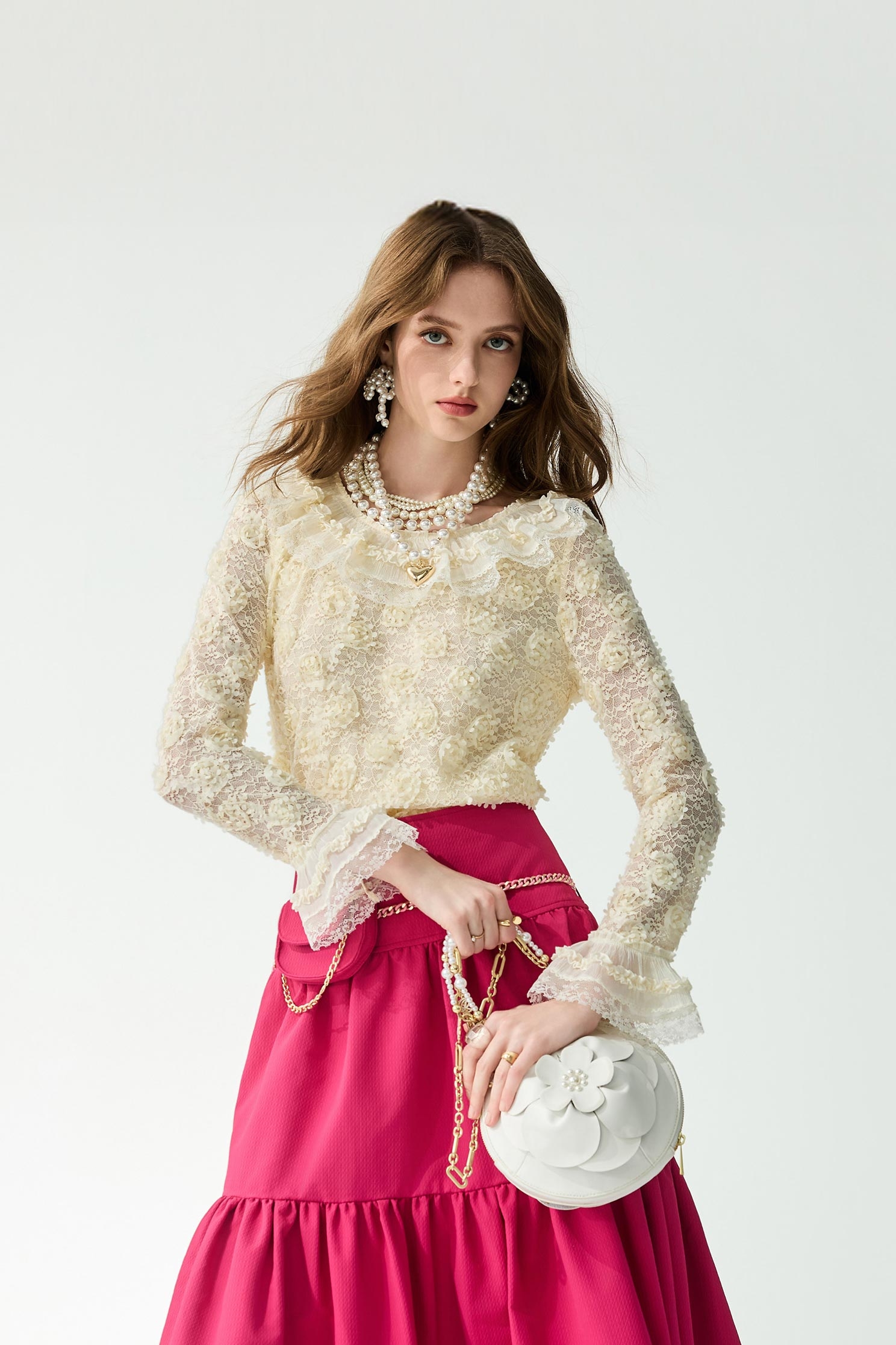 Ruffle neckline Cream Lace TopRuffle neckline Cream Lace Top,Tops,Season (SS) Look,Lace,Lace tops