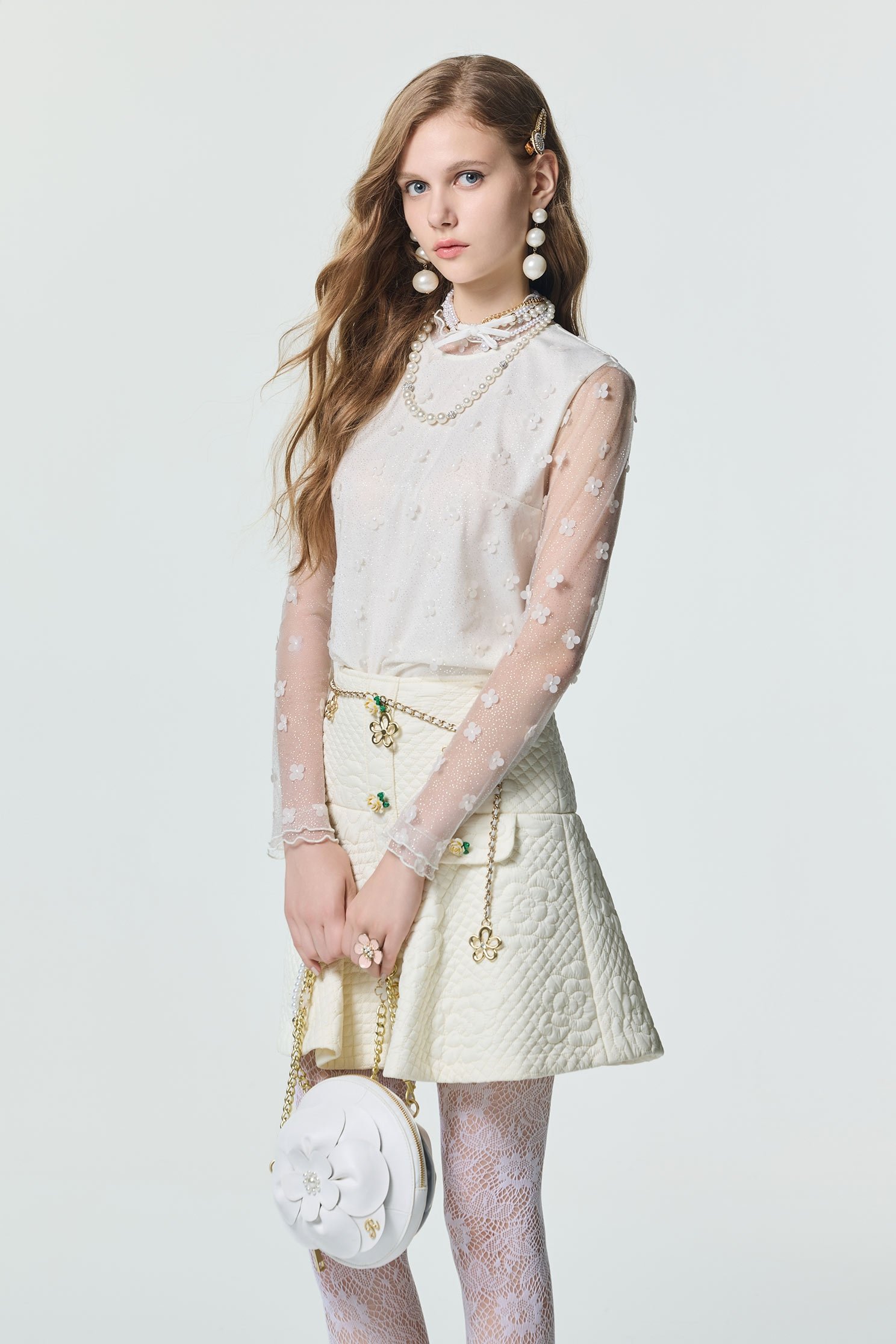 3-D Floral Sequin Mesh Top3-D Floral Sequin Mesh Top,Tops,Under shirts,Season (SS) Look,pearl,Mesh fabric