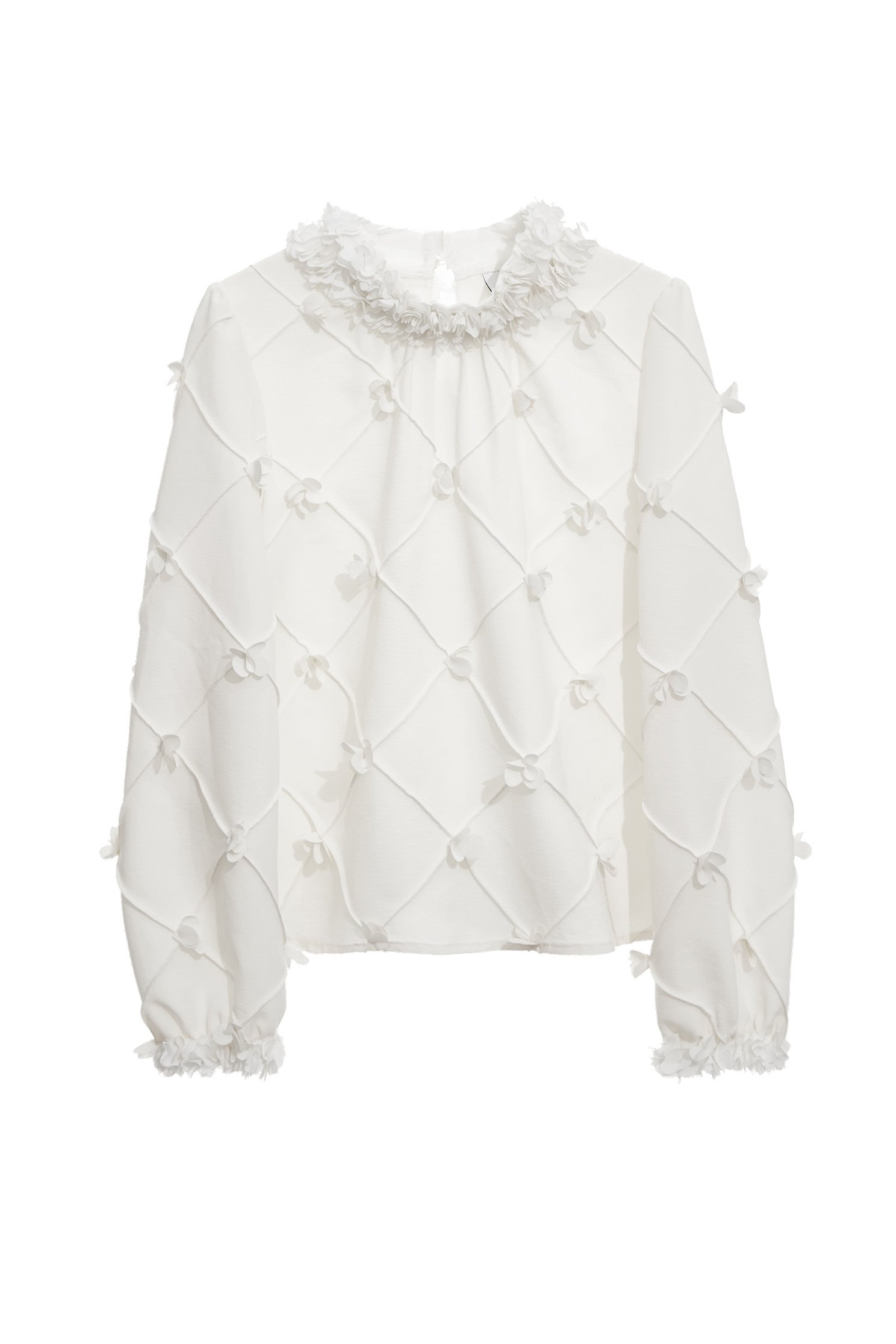 3-D Floral Long Sleeve Top With Ruffle Collar3-D Floral Long Sleeve Top With Ruffle Collar,Tops,Season (SS) Look,Plaid,White tops,Chiffon