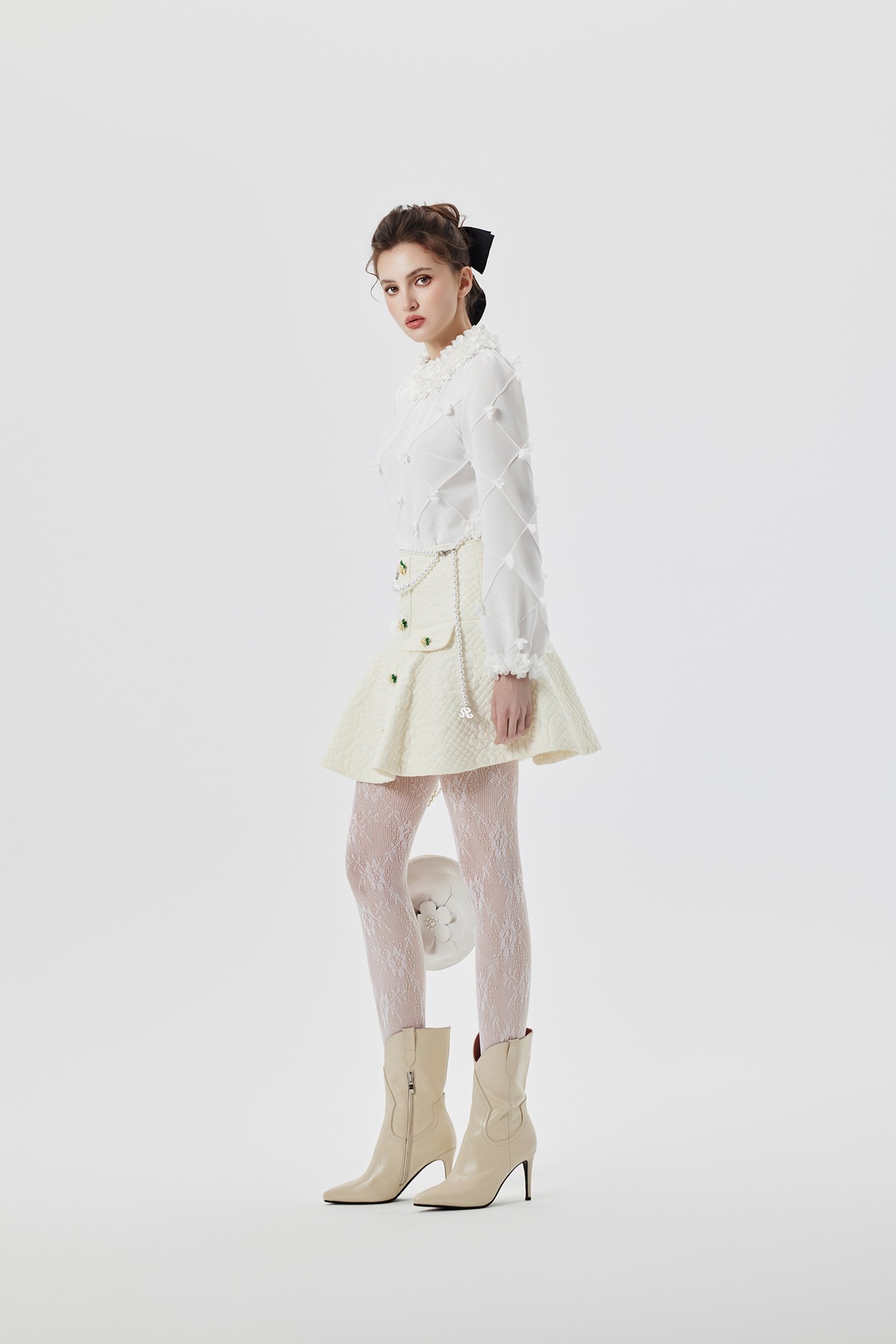 3-D Floral Long Sleeve Top With Ruffle Collar3-D Floral Long Sleeve Top With Ruffle Collar,Tops,Season (SS) Look,Plaid,White tops,Chiffon