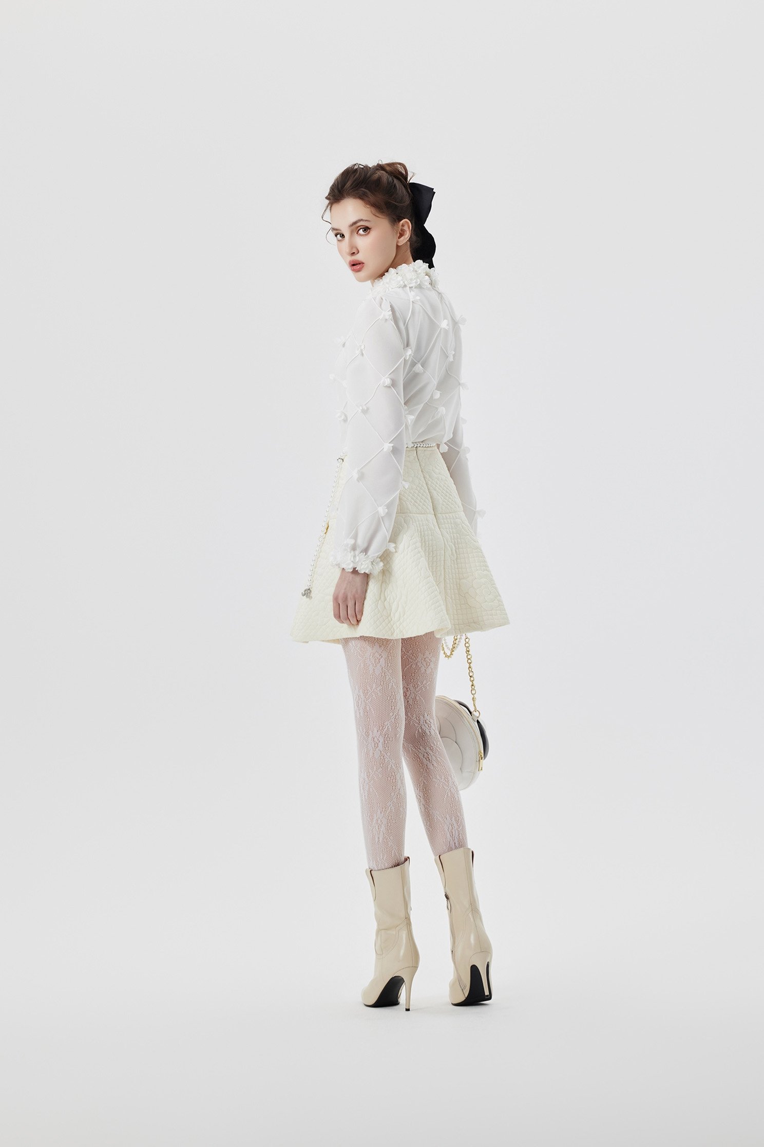 3-D Floral Long Sleeve Top With Ruffle Collar3-D Floral Long Sleeve Top With Ruffle Collar,Tops,Season (SS) Look,Plaid,White tops,Chiffon