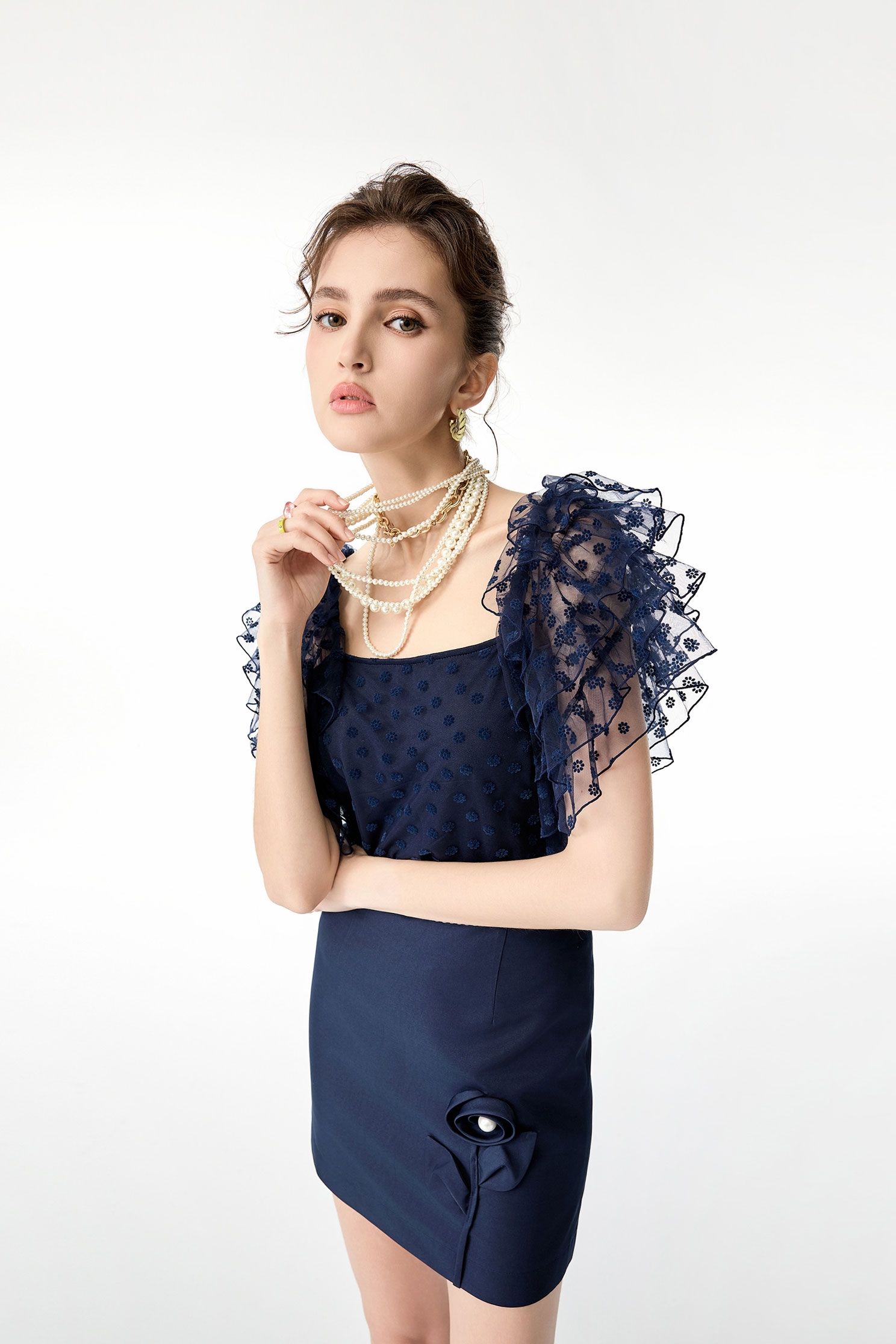 Layered Ruffle Sleeve Navy TopLayered Ruffle Sleeve Navy Top,Tops,Season (SS) Look
