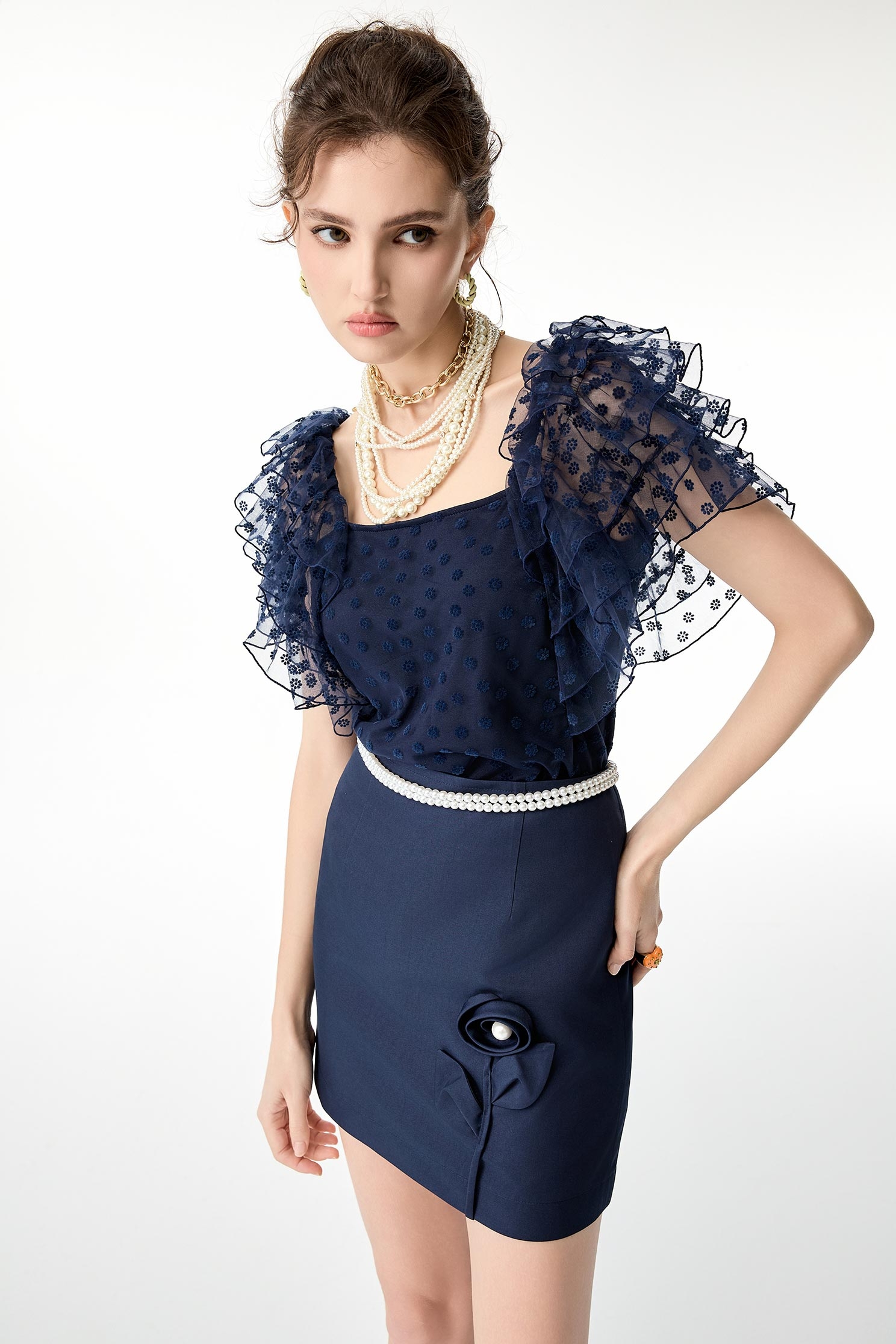 Layered Ruffle Sleeve Navy TopLayered Ruffle Sleeve Navy Top,Tops,Season (SS) Look