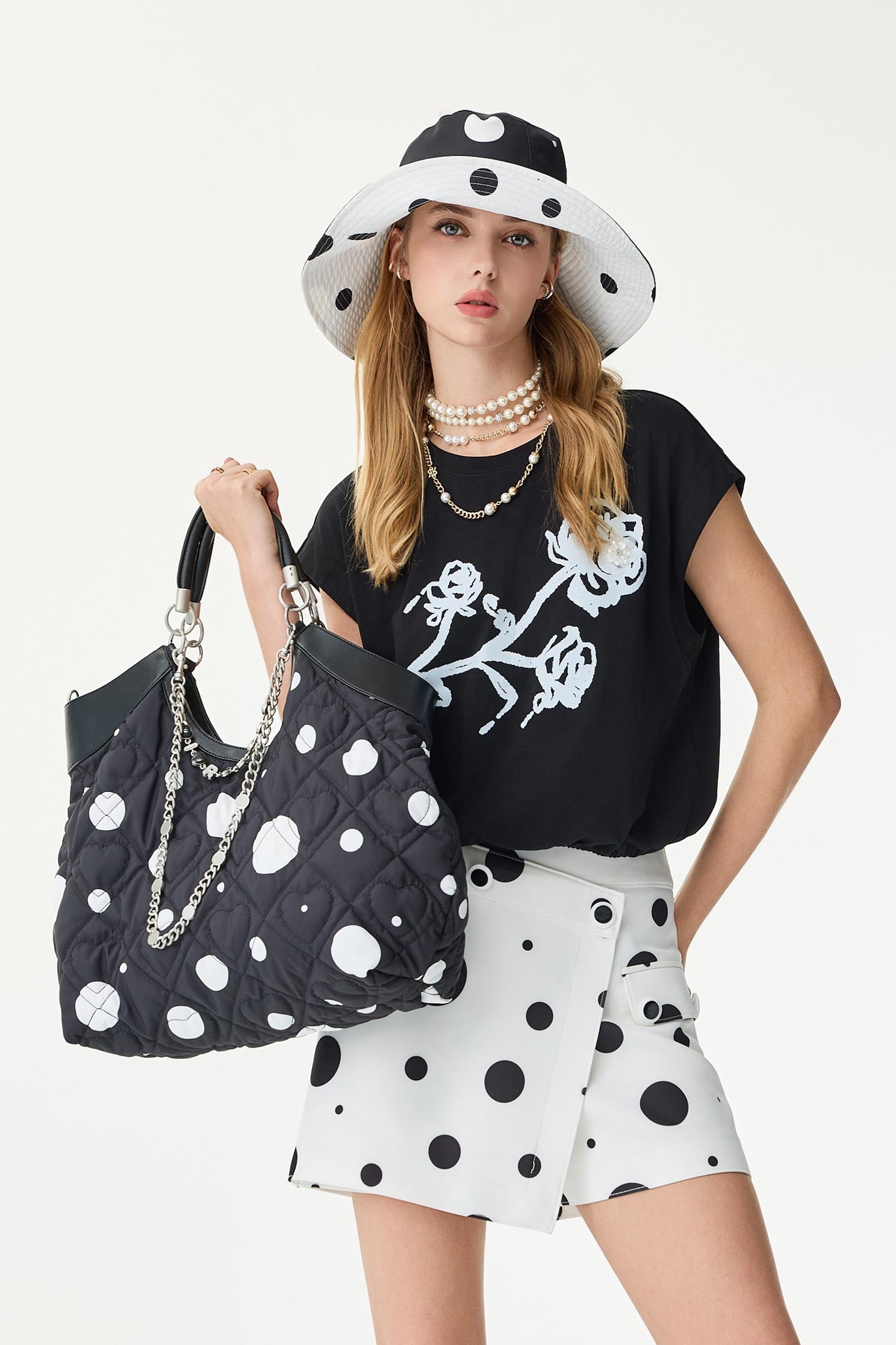 White Polka Dot Quilted HandbagWhite Polka Dot Quilted Handbag,Season (SS) Look