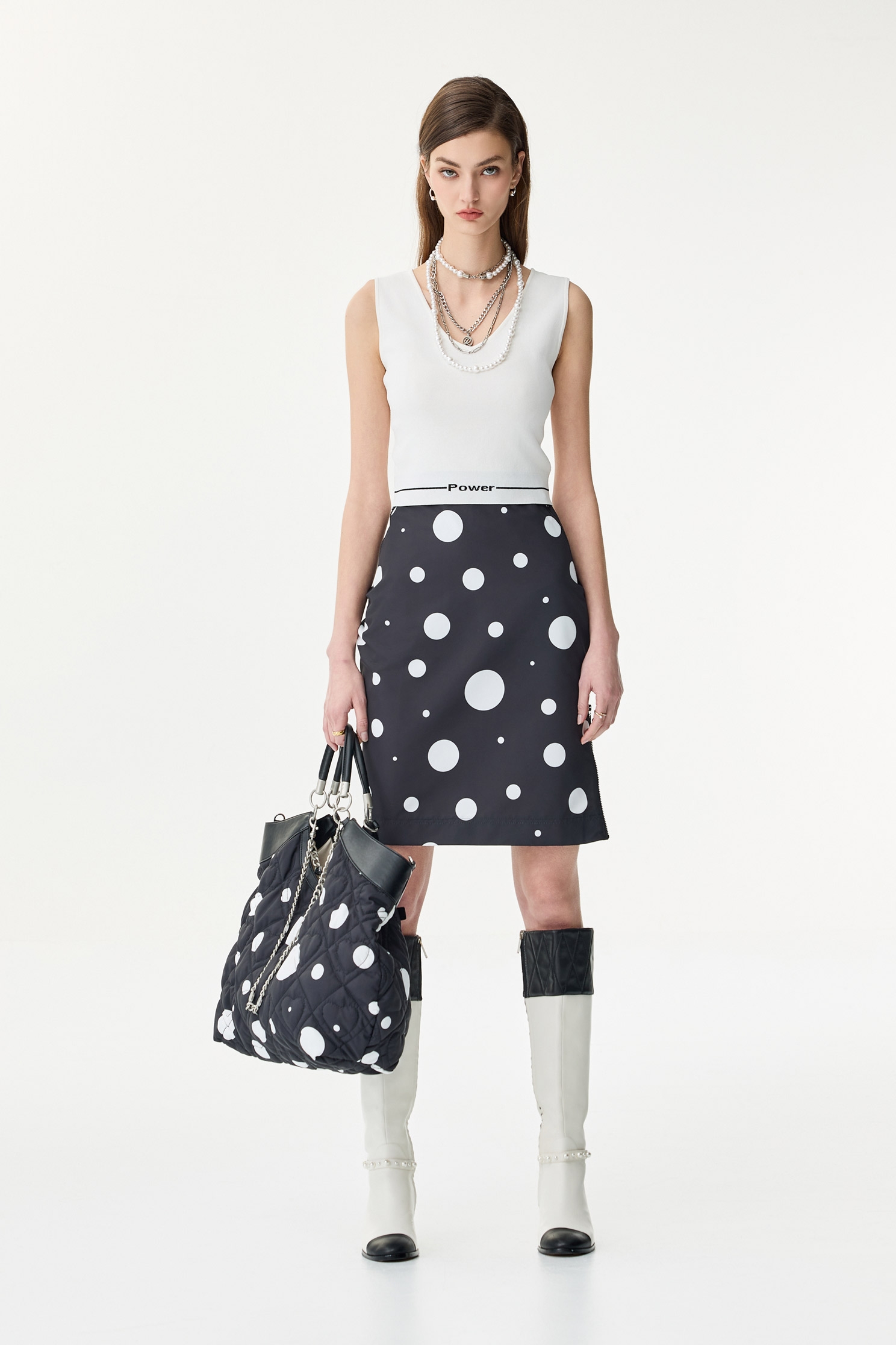 White Polka Dot Quilted HandbagWhite Polka Dot Quilted Handbag,Season (SS) Look