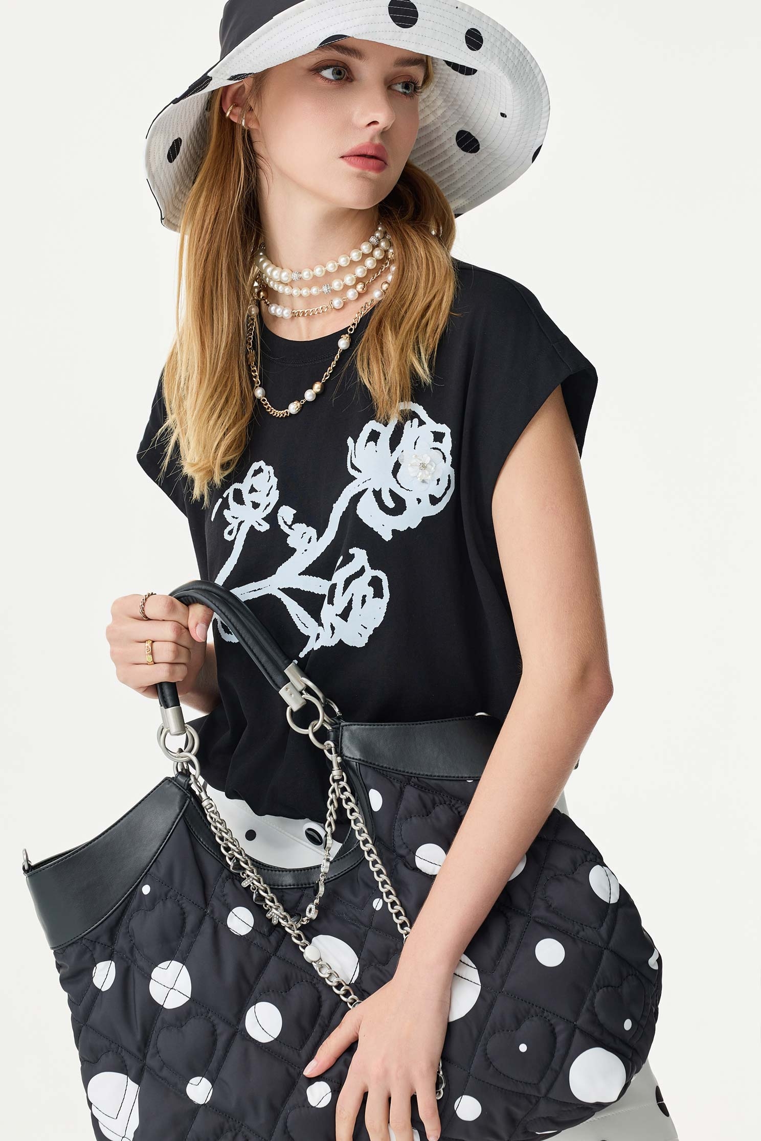 White Polka Dot Quilted HandbagWhite Polka Dot Quilted Handbag,Season (SS) Look