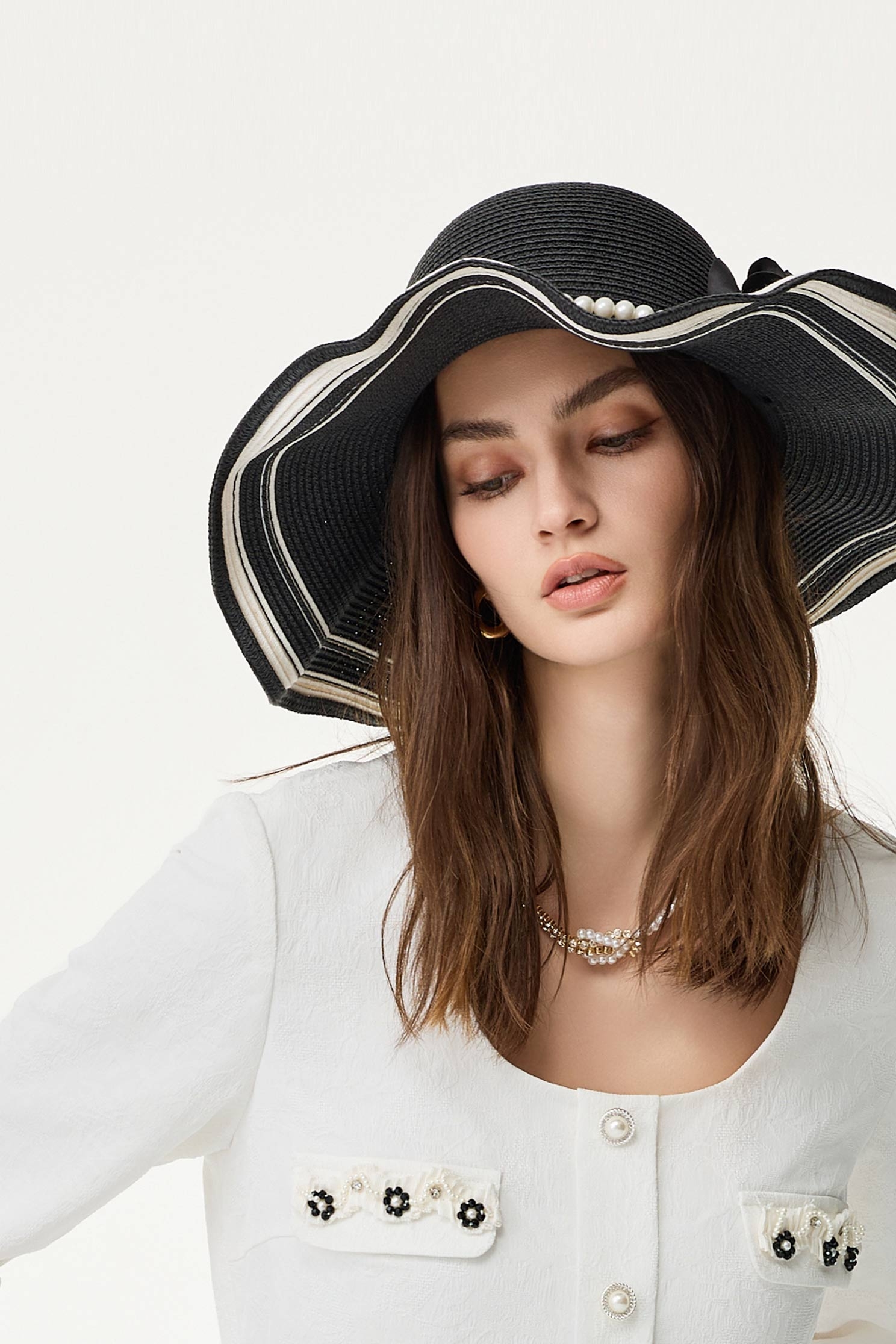 Wide Brim Rose With Pearl Detail Straw HatWide Brim Rose With Pearl Detail Straw Hat,Season (SS) Look,pearl