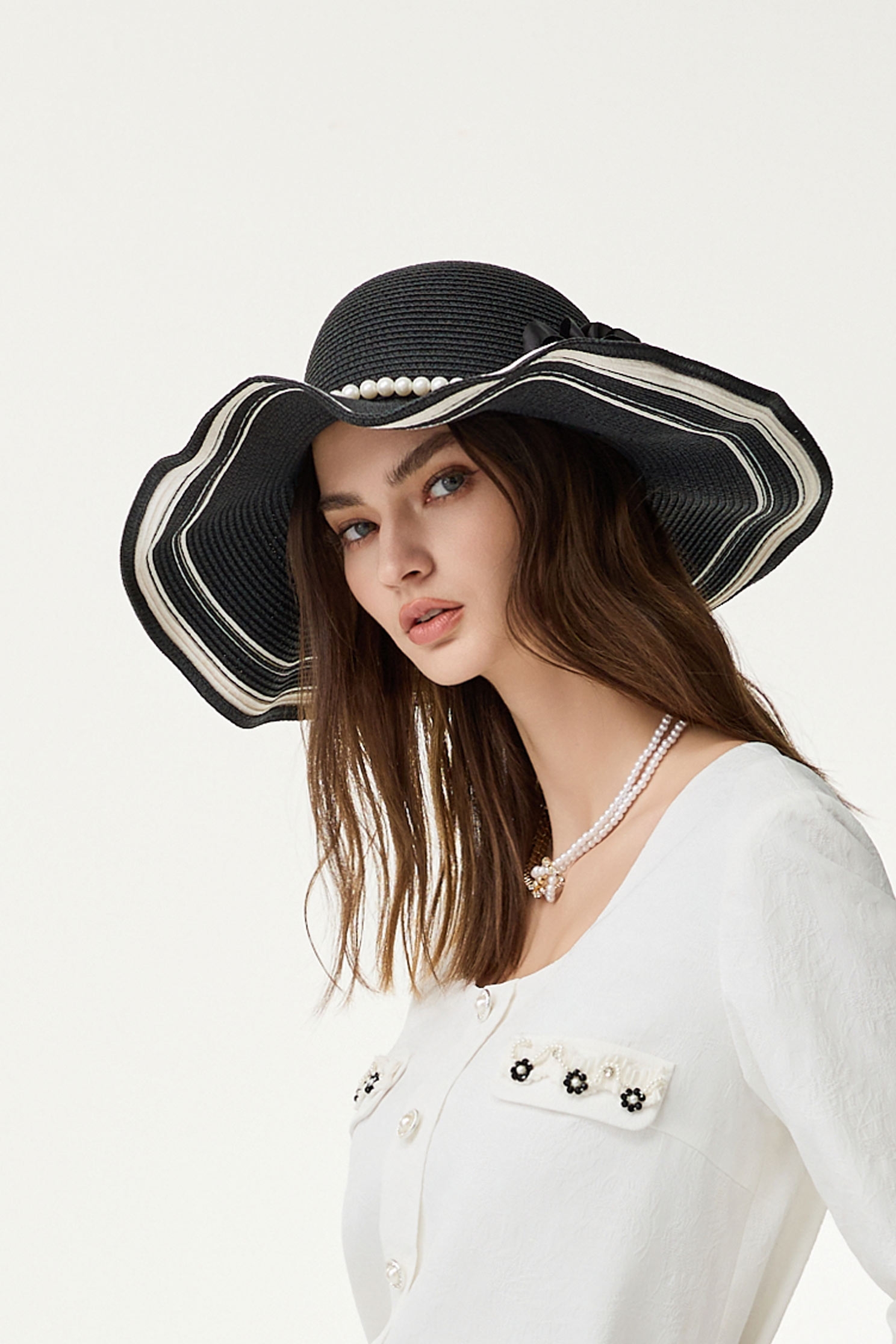 Wide Brim Rose With Pearl Detail Straw HatWide Brim Rose With Pearl Detail Straw Hat,Season (SS) Look,pearl