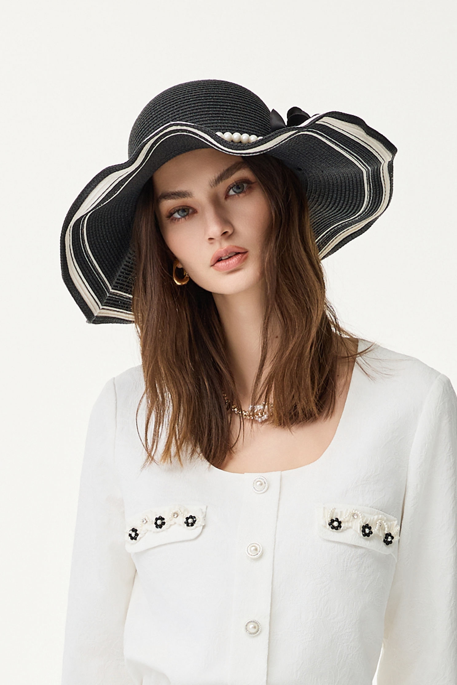 Wide Brim Rose With Pearl Detail Straw HatWide Brim Rose With Pearl Detail Straw Hat,Season (SS) Look,pearl
