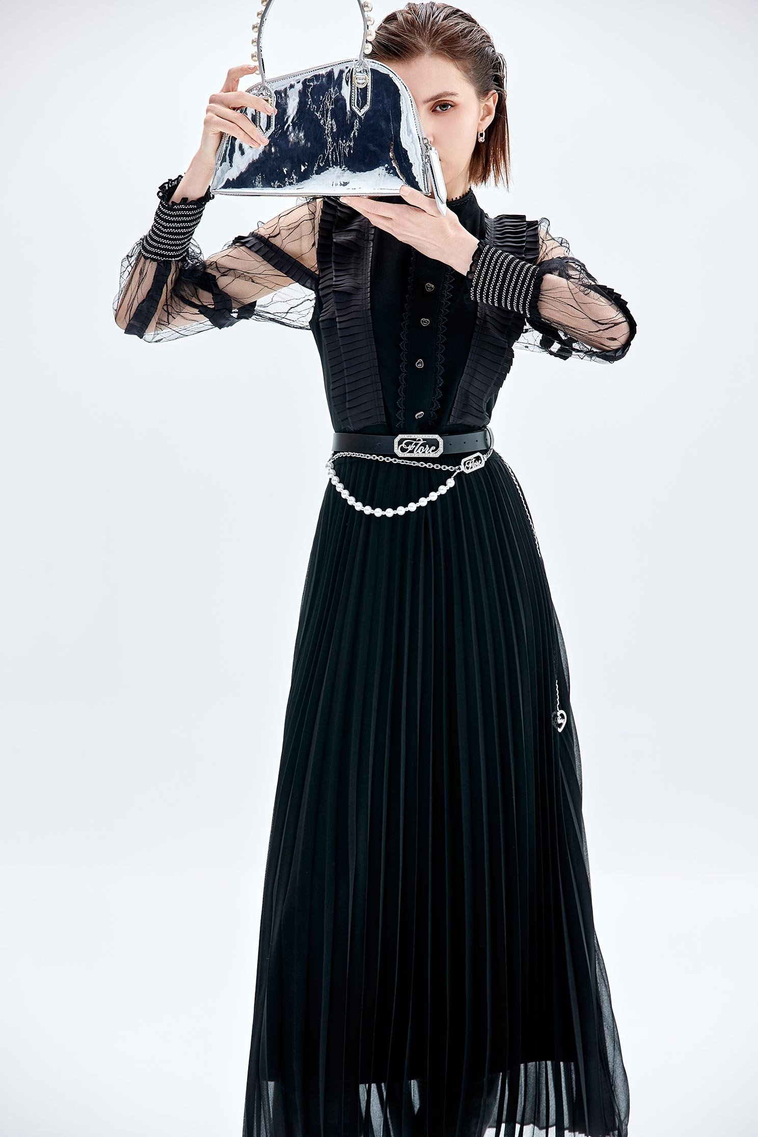 Mesh Sleeve Pleated Detail Maxi DressMesh Sleeve Pleated Detail Maxi Dress,Dresses,Season (AW) Look,Maxi dresses