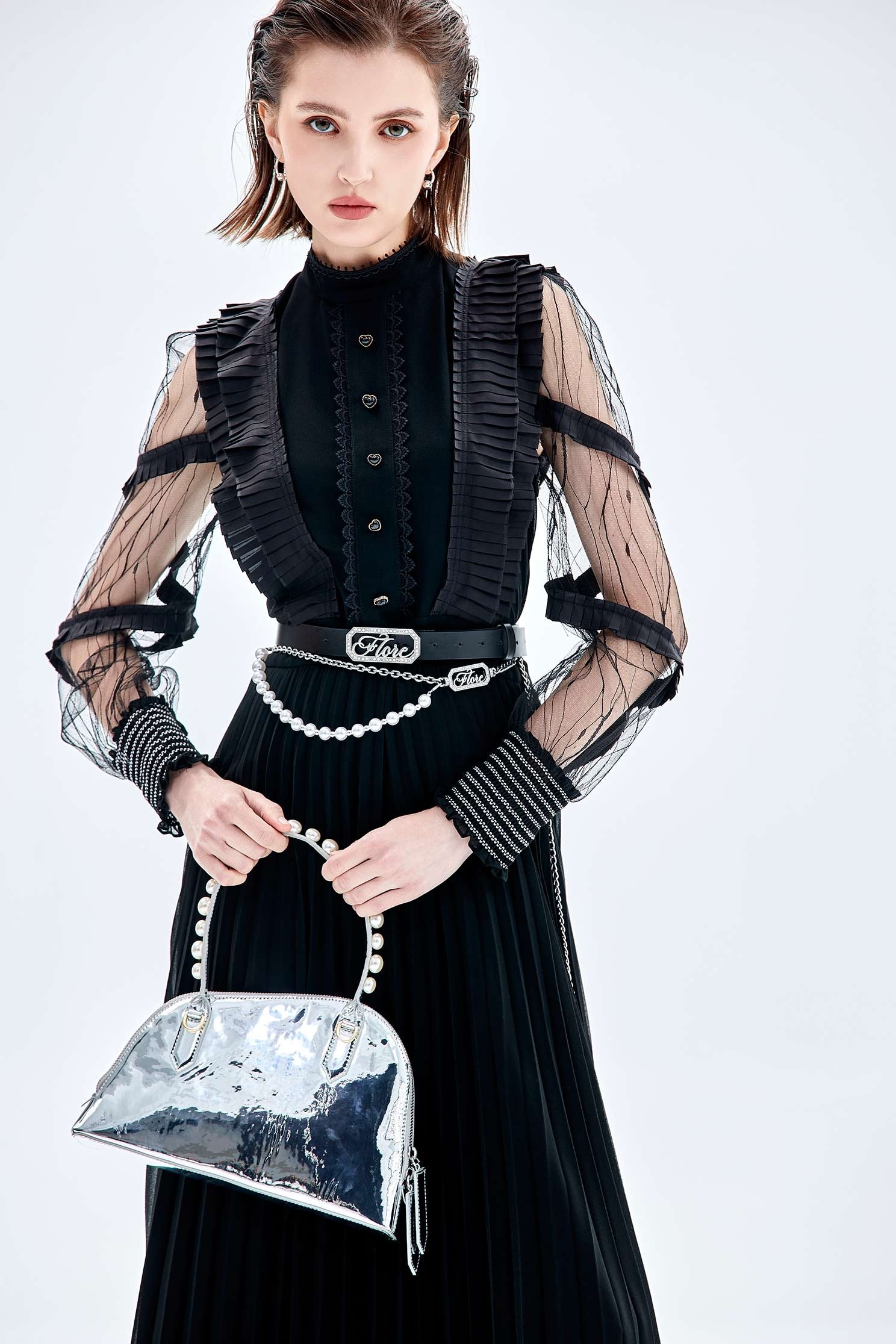 Mesh Sleeve Pleated Detail Maxi DressMesh Sleeve Pleated Detail Maxi Dress,Dresses,Season (AW) Look,Maxi dresses