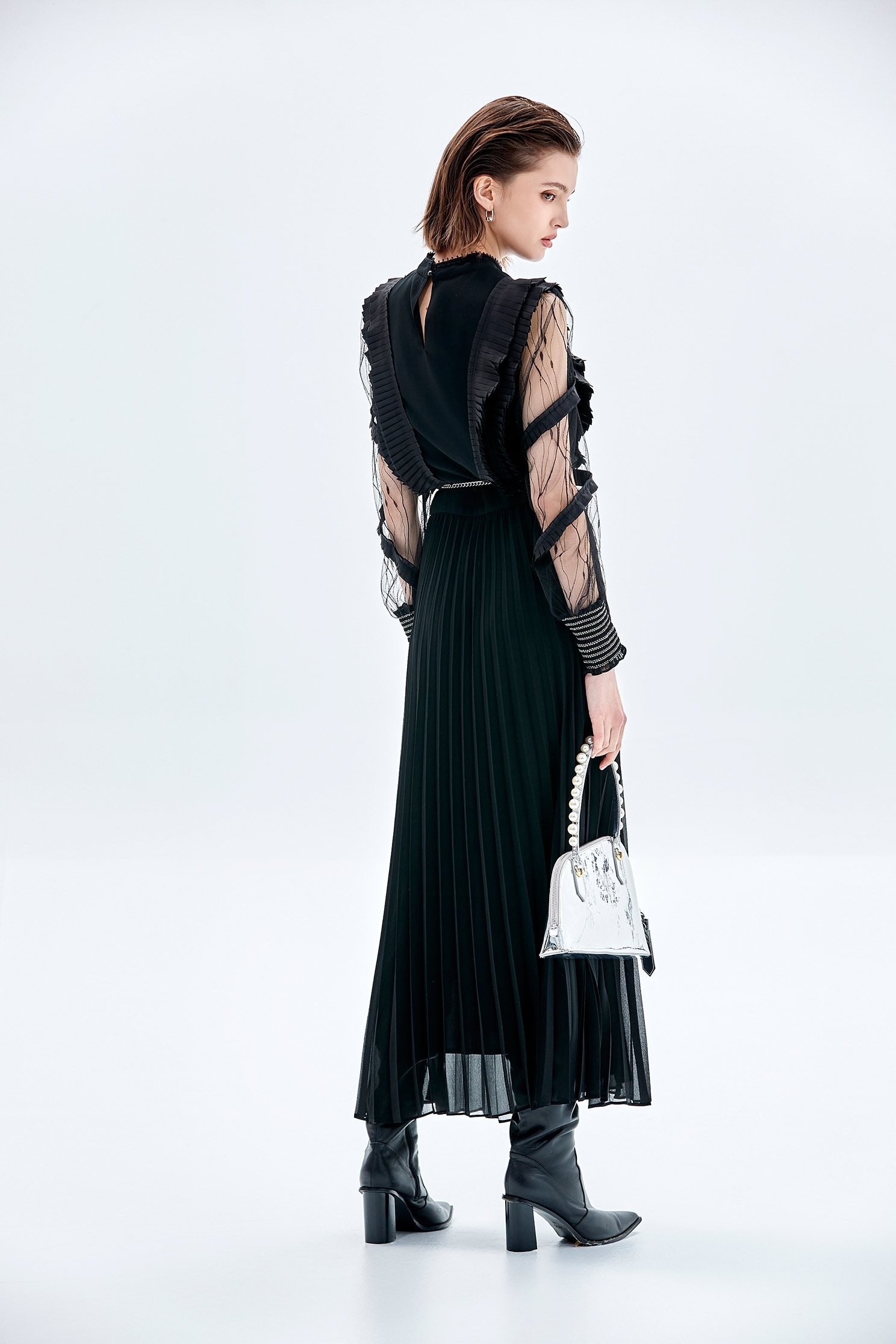 Mesh Sleeve Pleated Detail Maxi DressMesh Sleeve Pleated Detail Maxi Dress,Dresses,Season (AW) Look,Maxi dresses