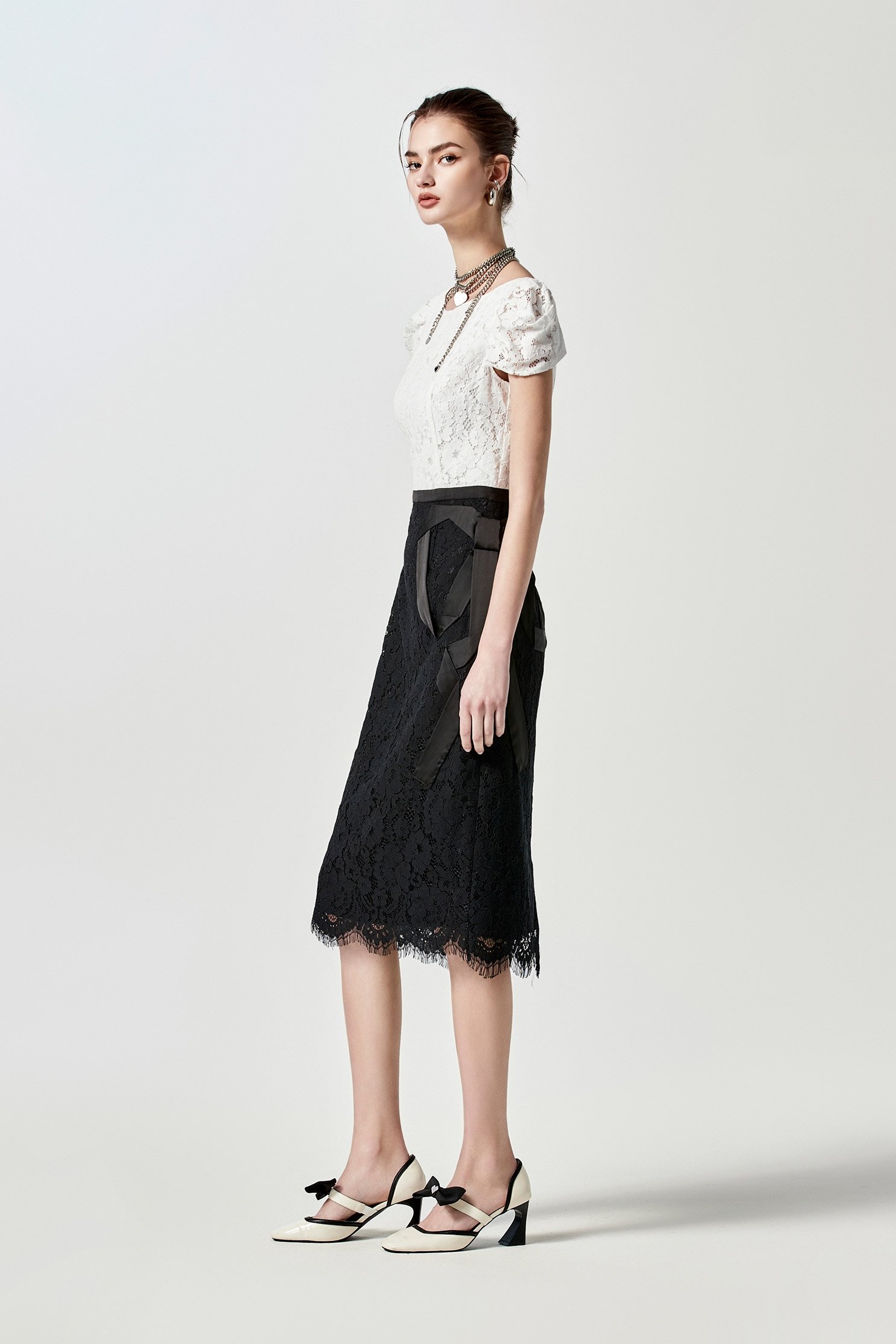 Black White Full Lace Bow Detail DressBlack White Full Lace Bow Detail Dress,cocktaildresses,Season (SS) Look,Evening dresses,Lace,bows