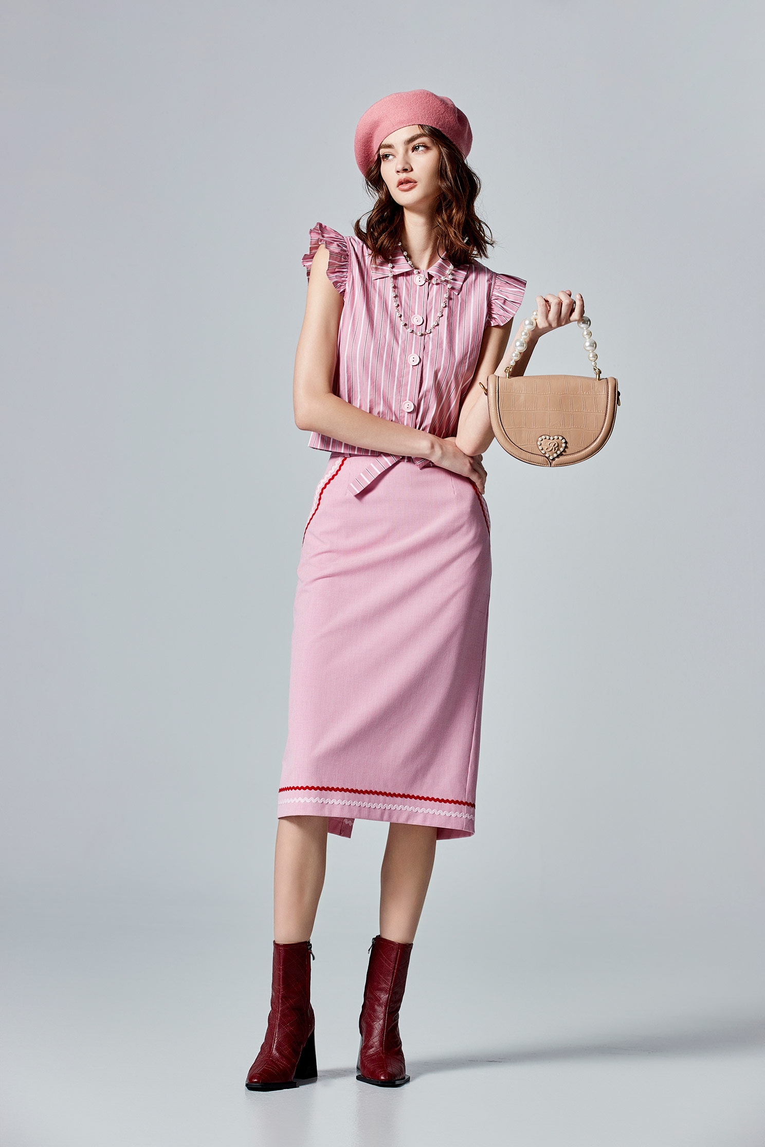 Pink Pencil Skirt With Contrast Trim DetailPink Pencil Skirt With Contrast Trim Detail,Season (AW) Look,Pencil skirts,Midi skirts
