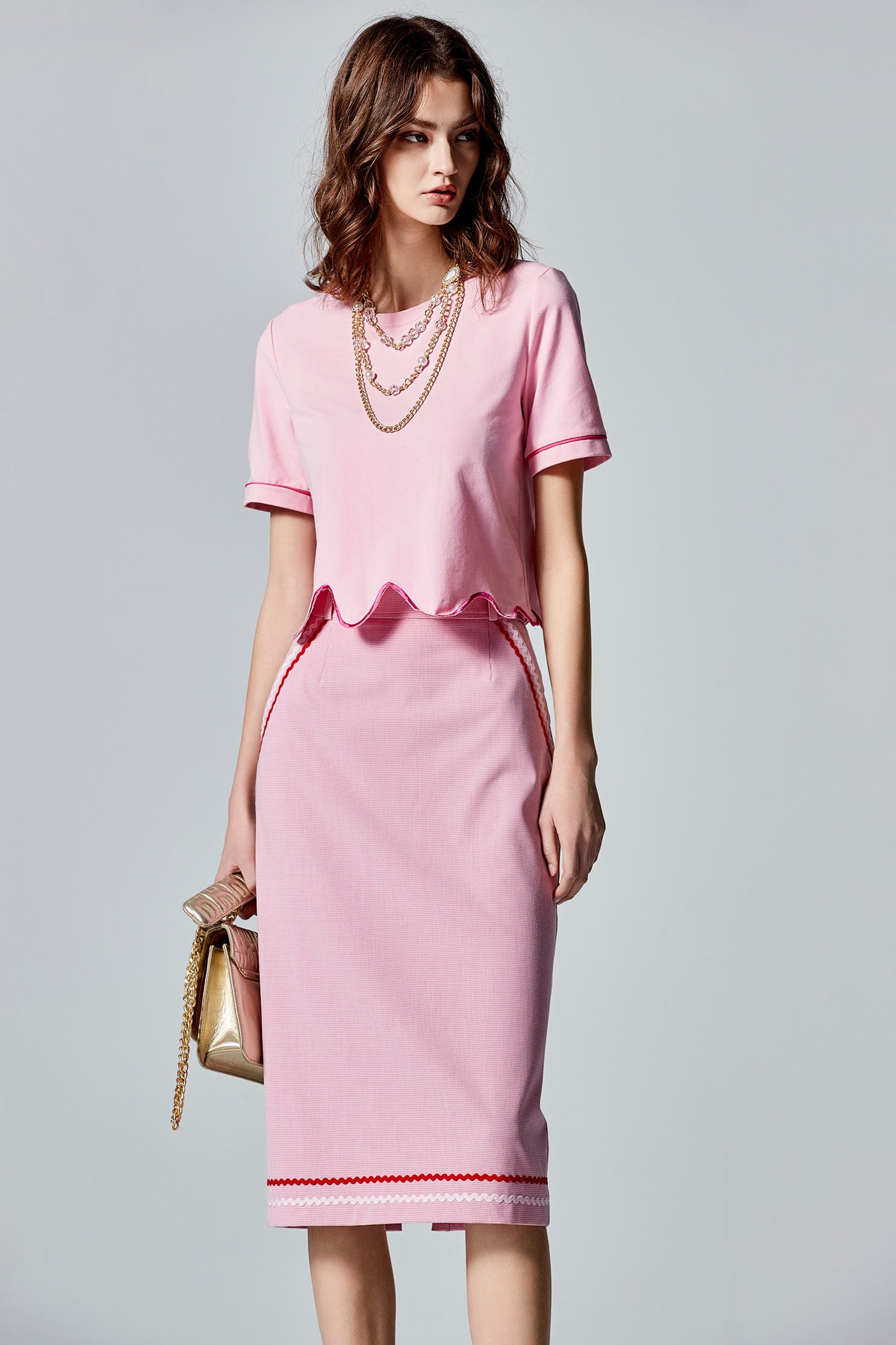 Pink Pencil Skirt With Contrast Trim DetailPink Pencil Skirt With Contrast Trim Detail,Season (AW) Look,Pencil skirts,Midi skirts