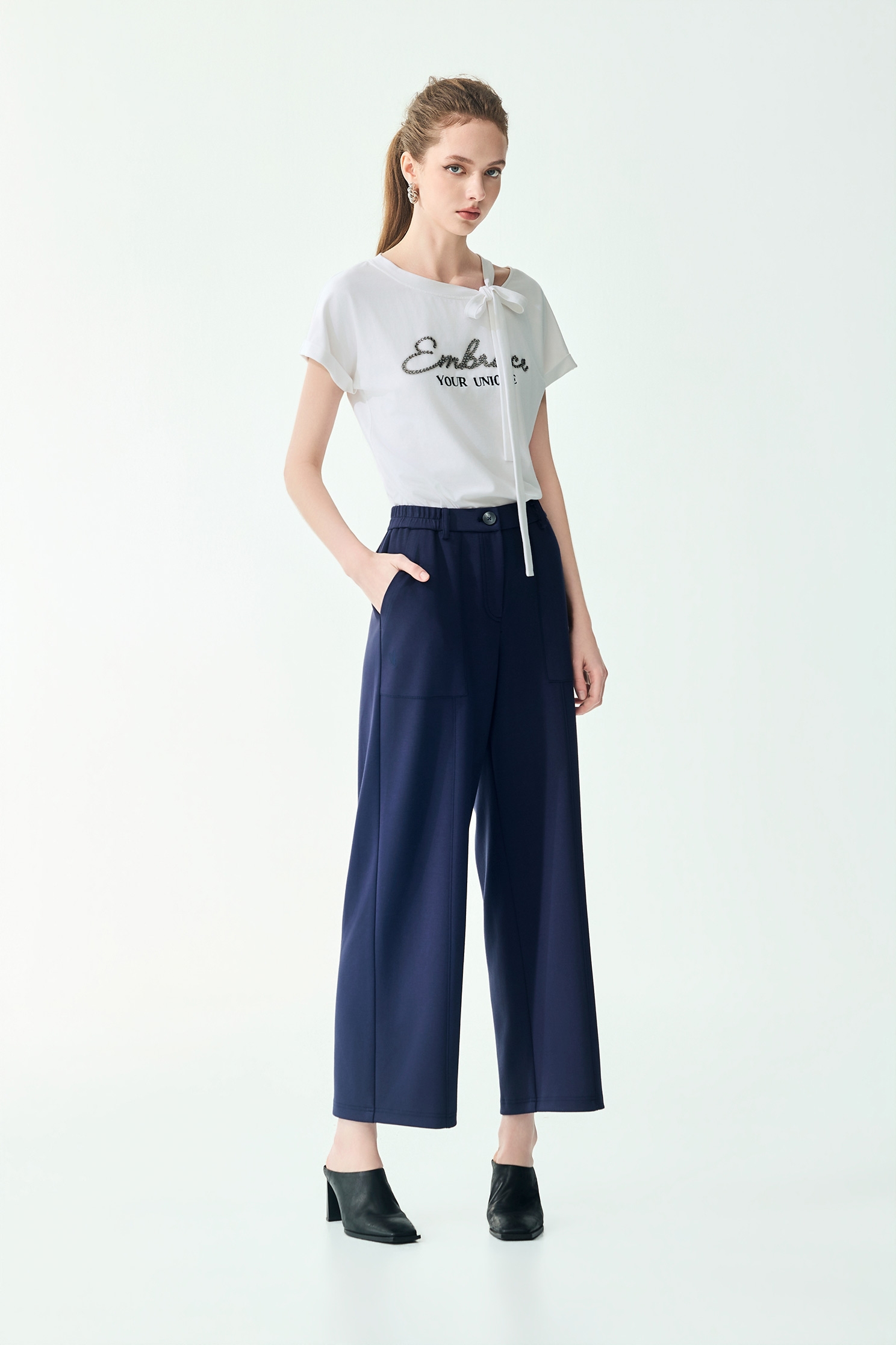 Straight Cut Casual PantsStraight Cut Casual Pants,Embroidered,Culottes,Season (SS) Look,pants,Black pants
