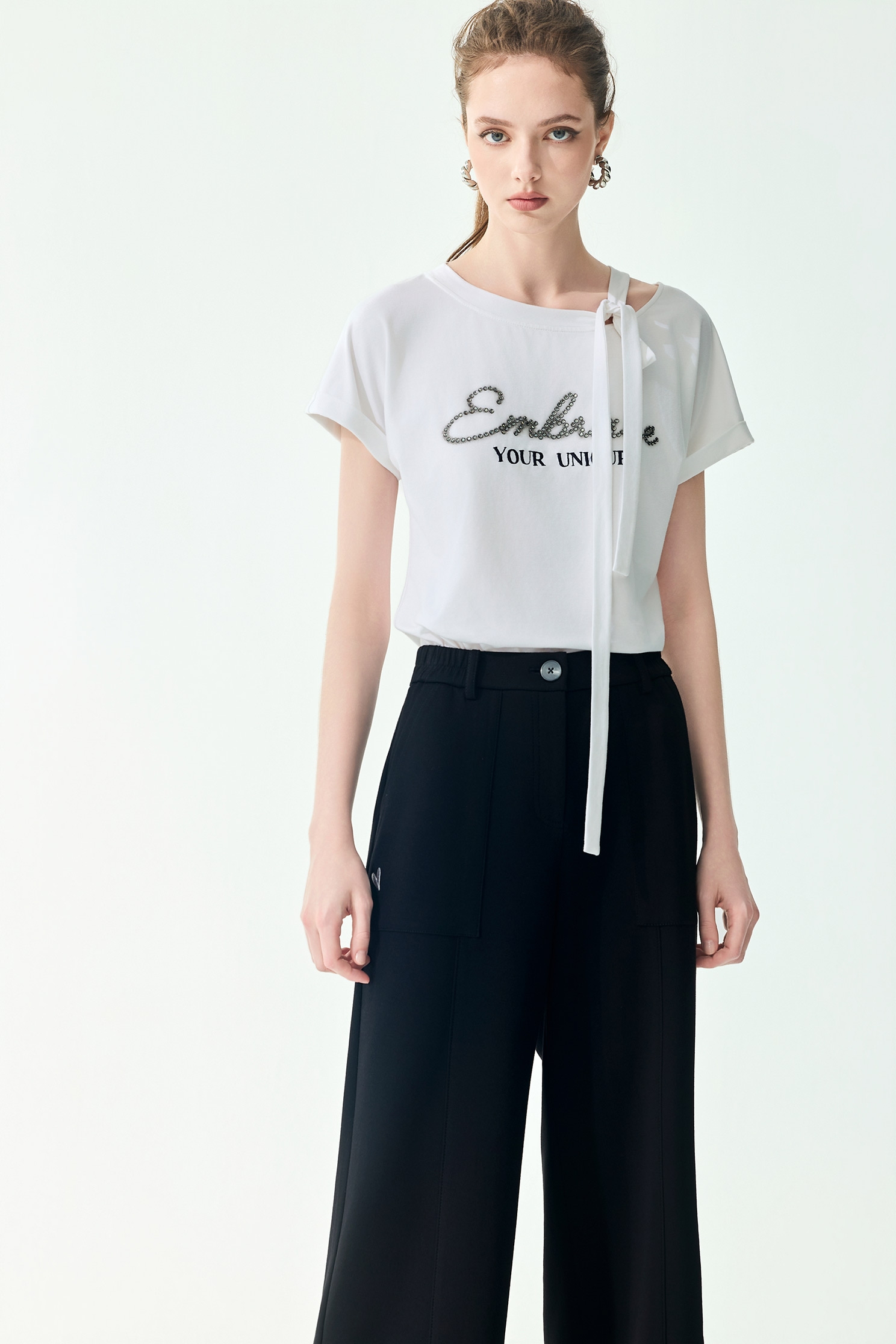 Straight Cut Casual PantsStraight Cut Casual Pants,Embroidered,Culottes,Season (SS) Look,pants,Black pants