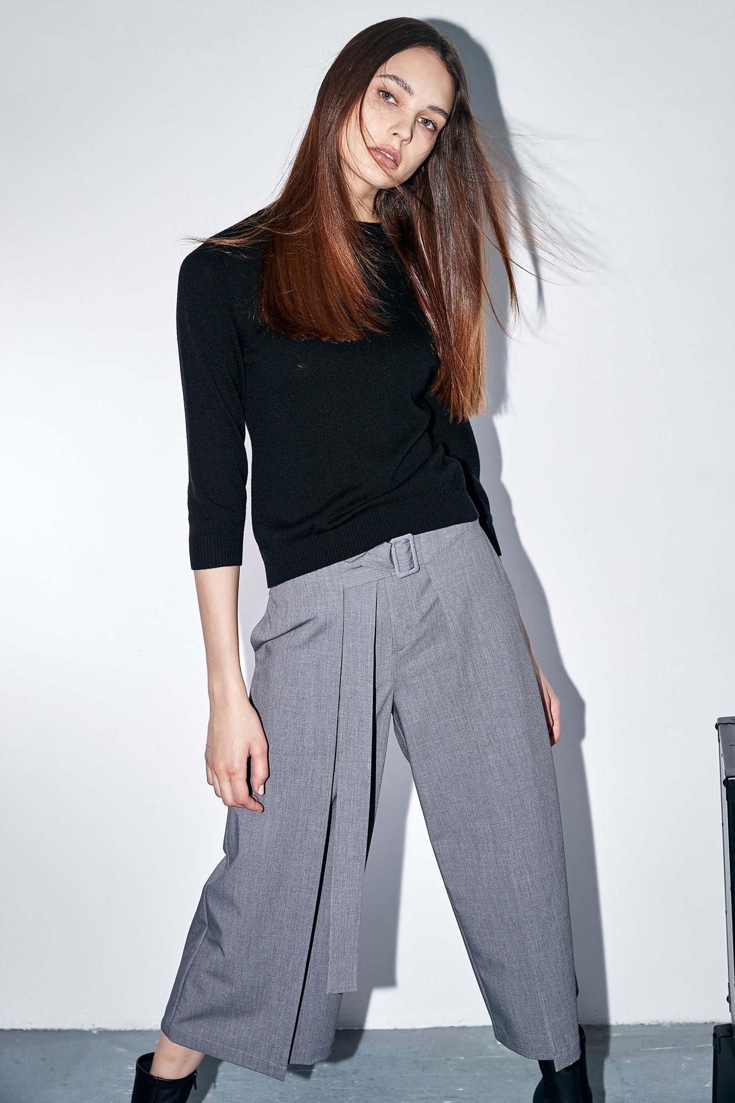 Panel Grey Pants With Fixed Buckle BeltWide-leg pants with sash design,Culottes,Season (AW) Look,Back To Classic,Culottes,Back To B/W