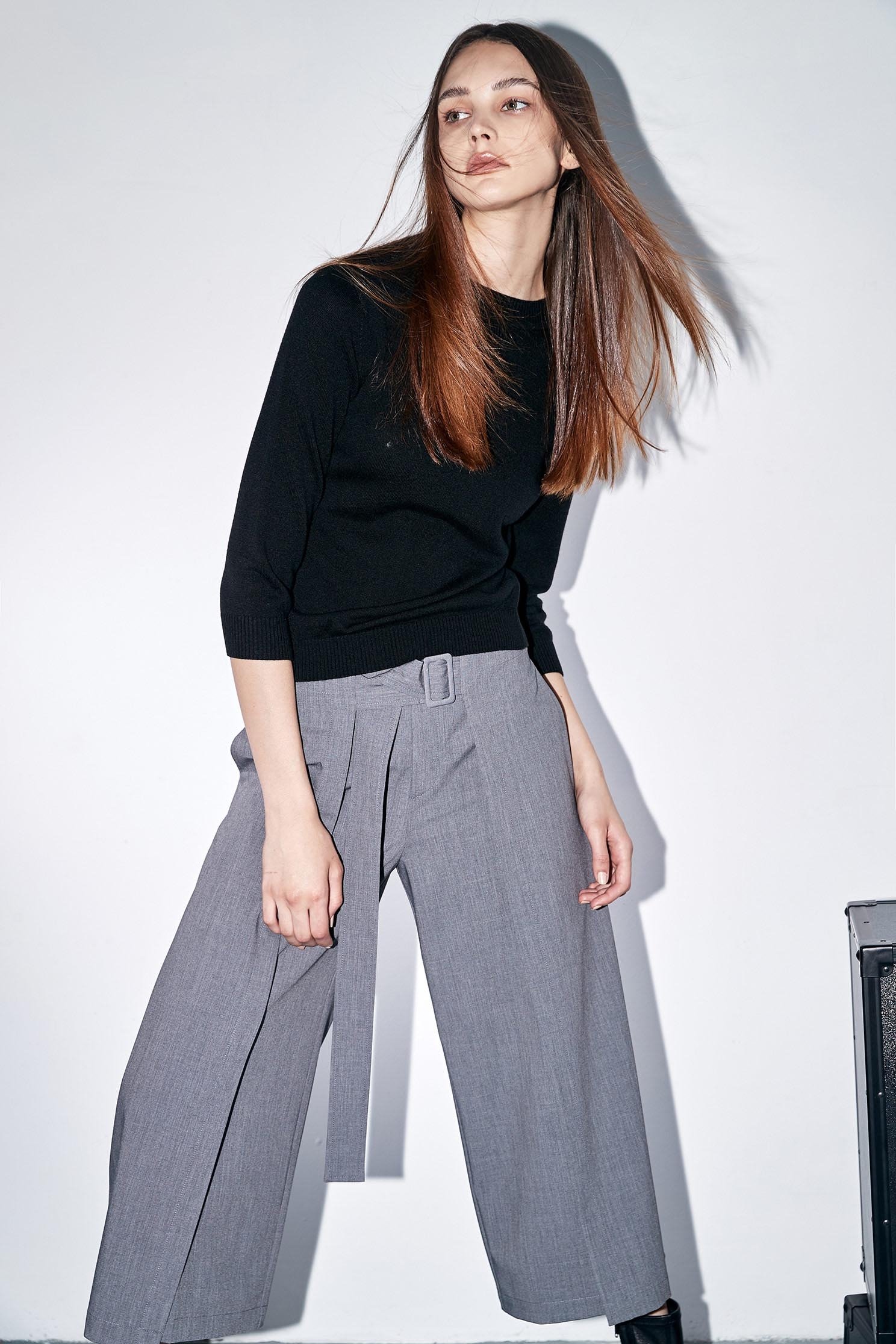 Panel Grey Pants With Fixed Buckle BeltWide-leg pants with sash design,Culottes,Season (AW) Look,Back To Classic,Culottes,Back To B/W