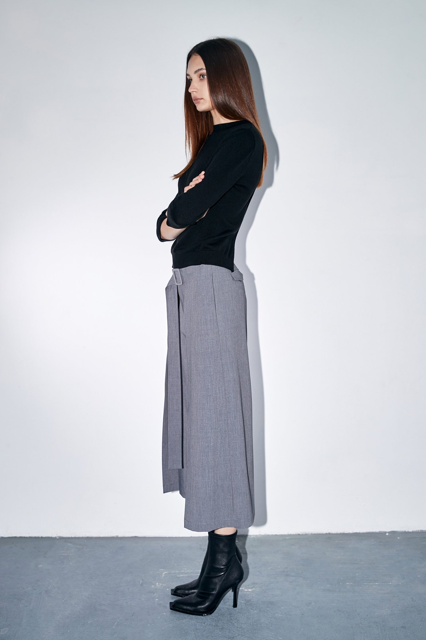 Panel Grey Pants With Fixed Buckle BeltWide-leg pants with sash design,Culottes,Season (AW) Look,Back To Classic,Culottes,Back To B/W
